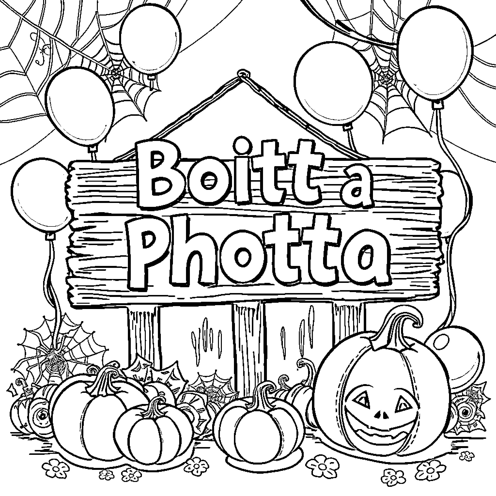 Sign inviting to a Boitt photo event with Halloween decorations Coloring Page (free black-and-white line drawing printable PDF for all, from beginners to advanced learners, including children, teens, adults, and seniors)