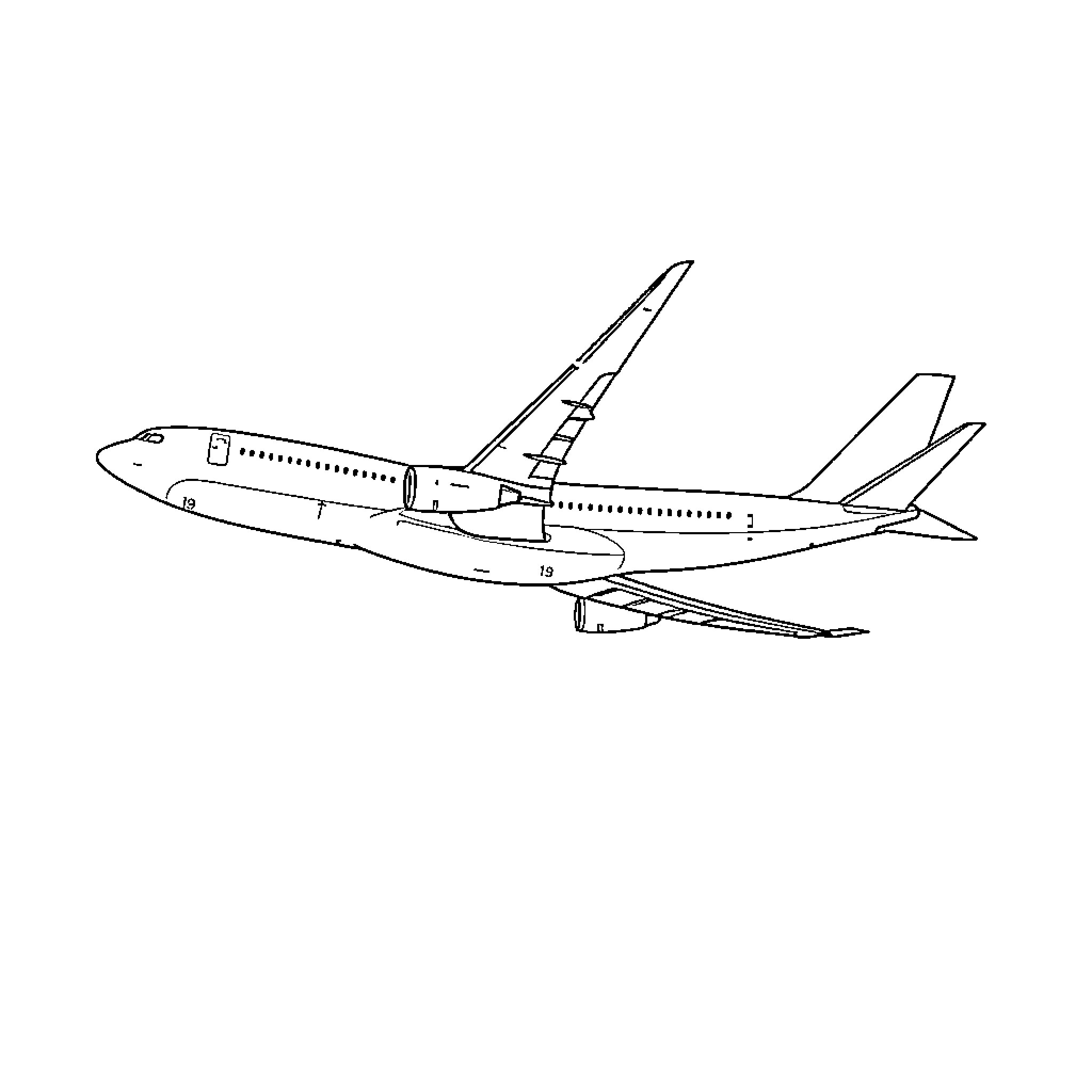 Boeing passenger jet in flight Coloring Page (free black-and-white line drawing printable PDF for all, from beginners to advanced learners, including children, teens, adults, and seniors)