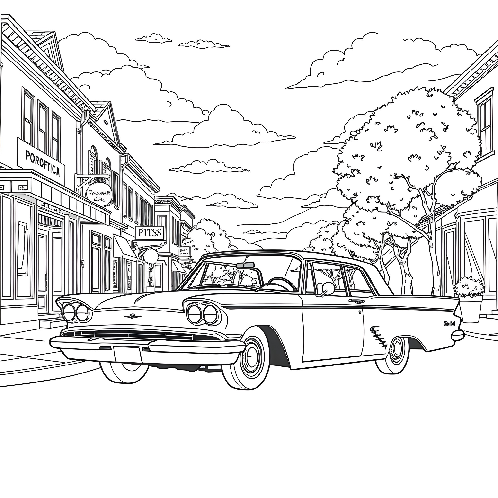 Vanguard of an Old-Fashioned Town Streetscape Coloring Page (free black-and-white line drawing printable PDF for all, from beginners to advanced learners, including children, teens, adults, and seniors)