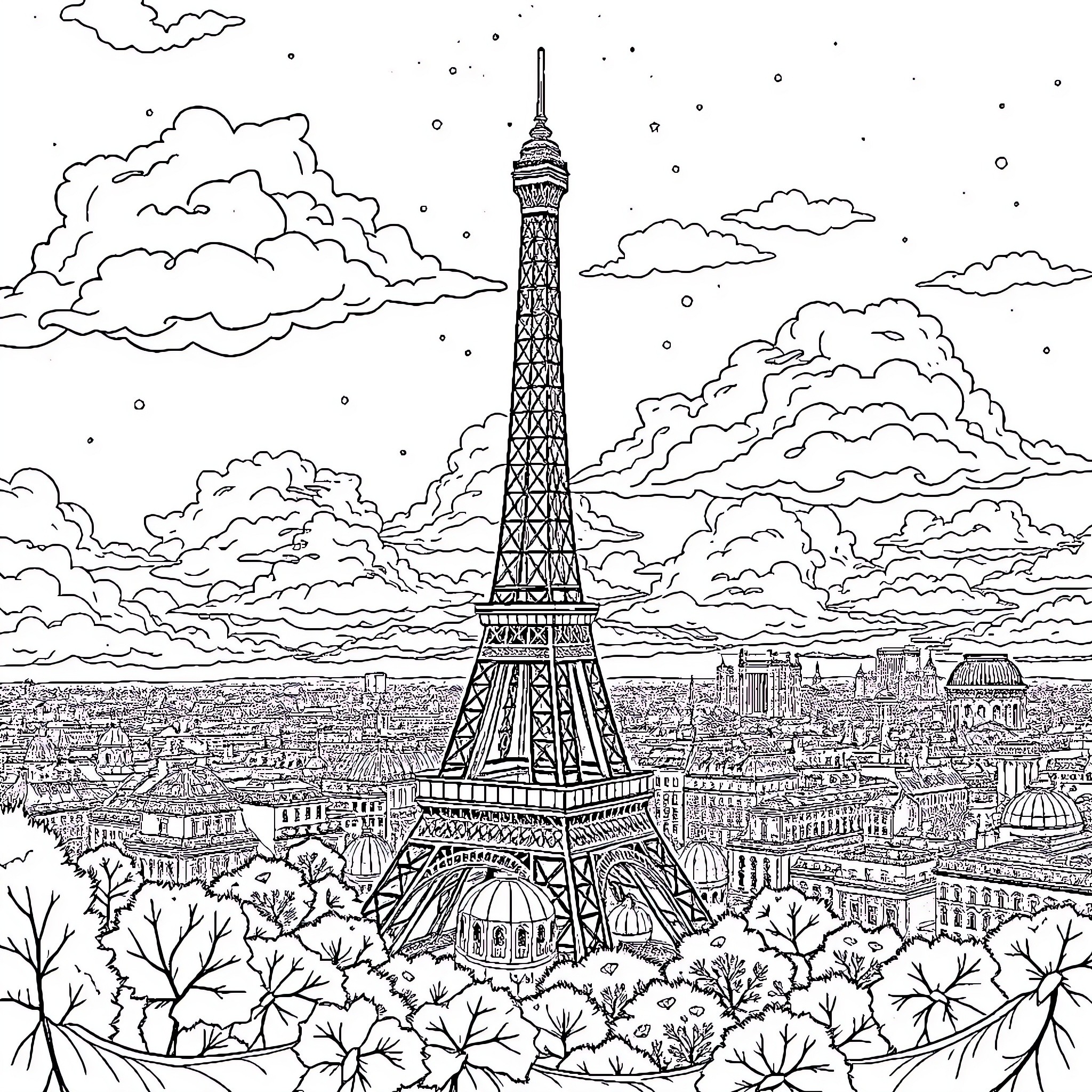 Lutin exploring the Eiffel Tower in Paris Coloring Page (free black-and-white line drawing printable PDF for all, from beginners to advanced learners, including children, teens, adults, and seniors)
