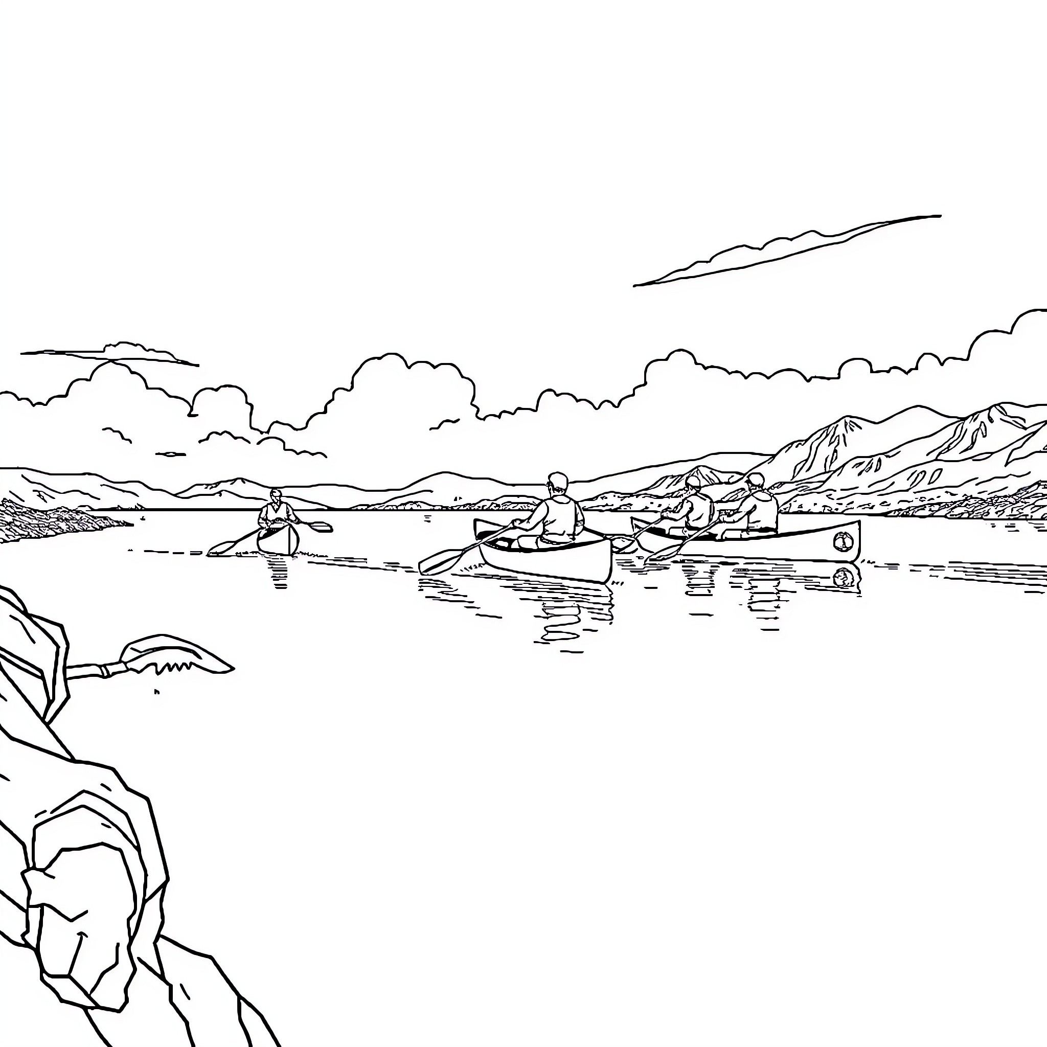 Rowers navigating through serene lakeside landscape Coloring Page (free black-and-white line drawing printable PDF for all, from beginners to advanced learners, including children, teens, adults, and seniors)