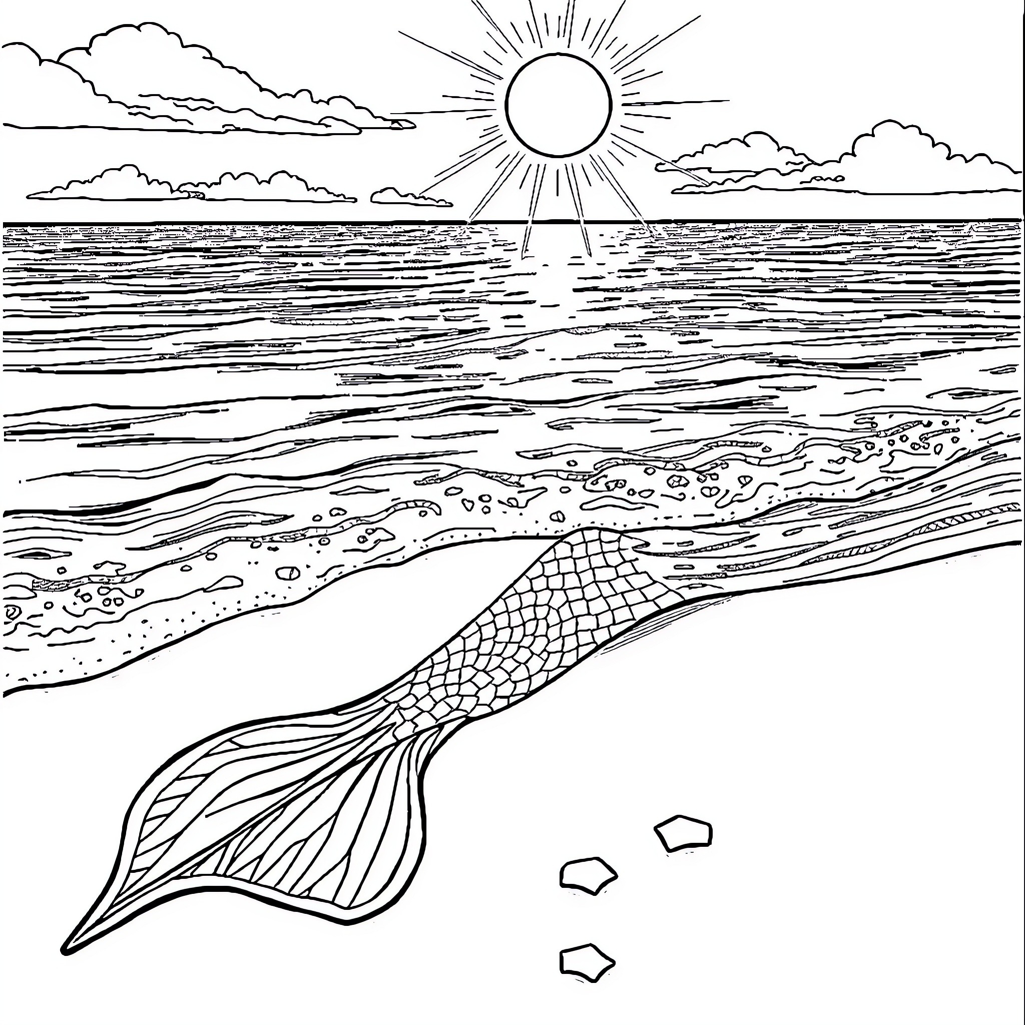 Mermaid emerges from the sun-kissed sea Coloring Page (free black-and-white line drawing printable PDF for all, from beginners to advanced learners, including children, teens, adults, and seniors)