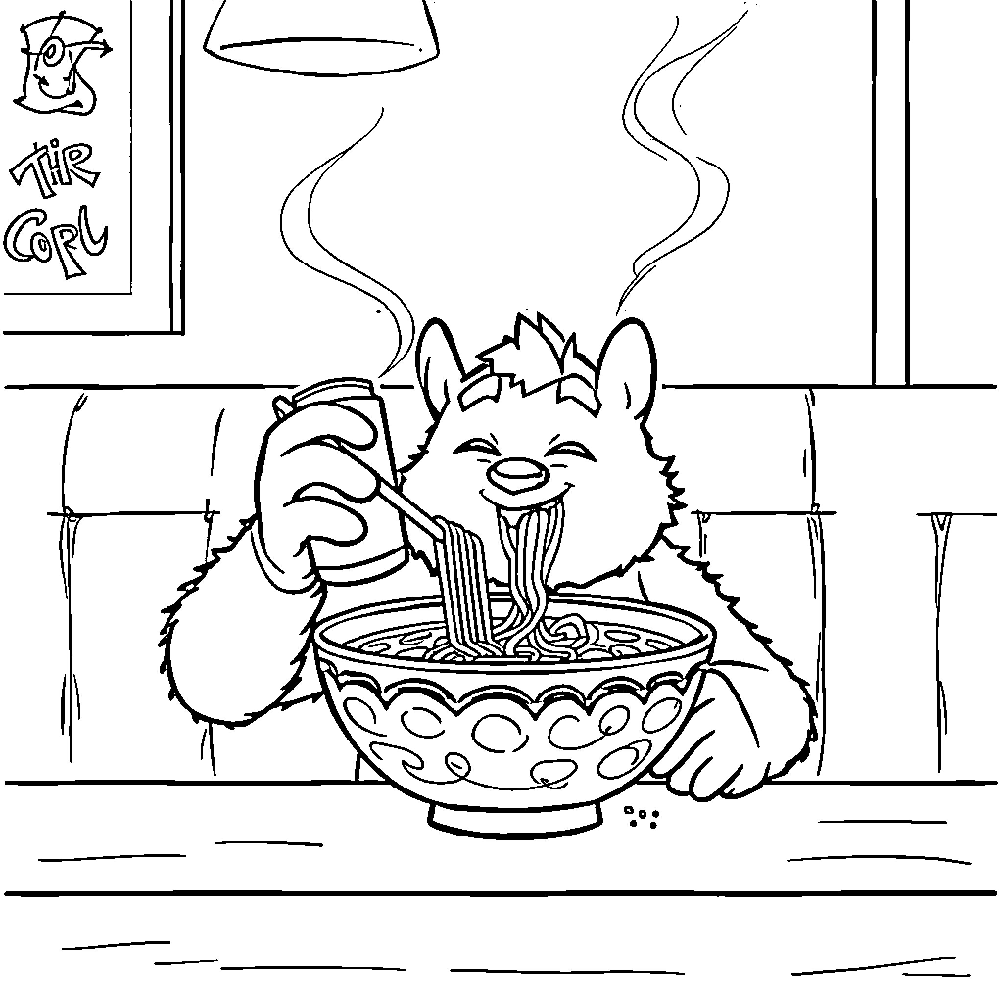 Rumi's Delightful Dining Experience Coloring Page (free black-and-white line drawing printable PDF for all, from beginners to advanced learners, including children, teens, adults, and seniors)