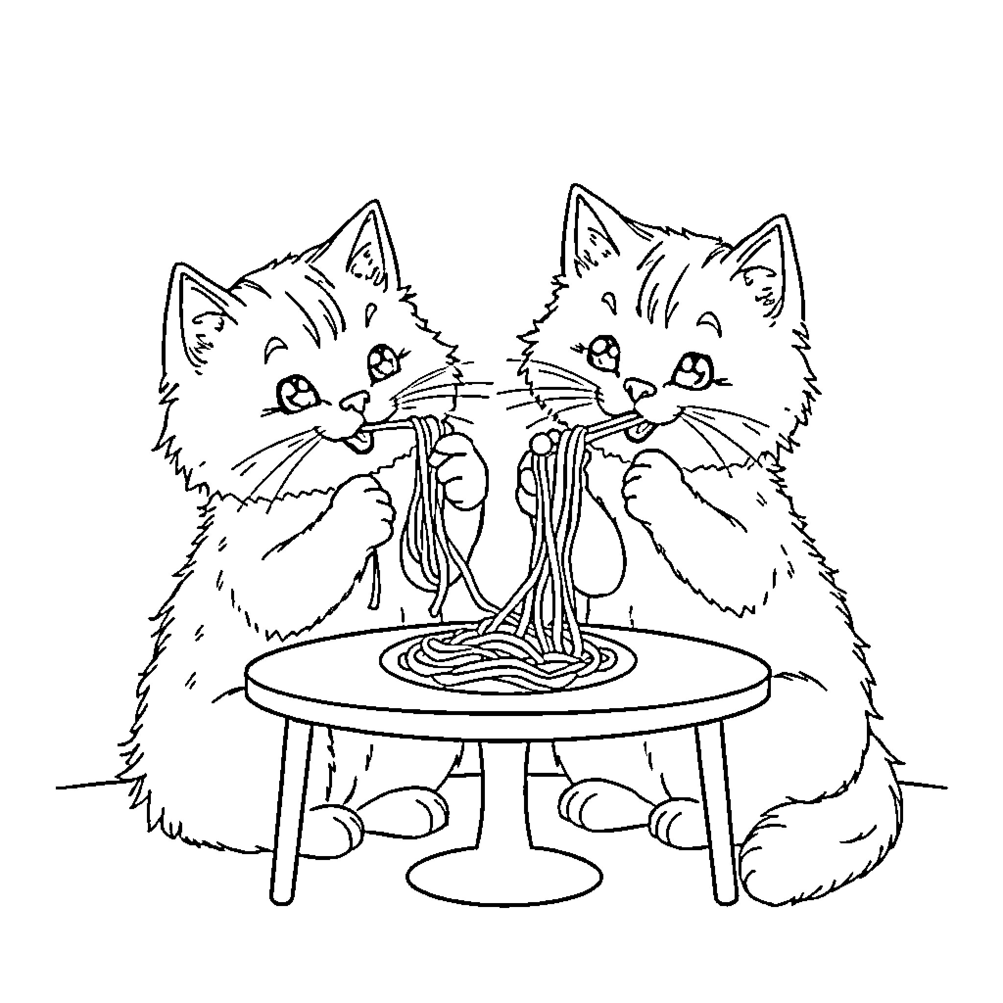 Cat Enjoying Spaghetti with Friends Coloring Page (free black-and-white line drawing printable PDF for all, from beginners to advanced learners, including children, teens, adults, and seniors)