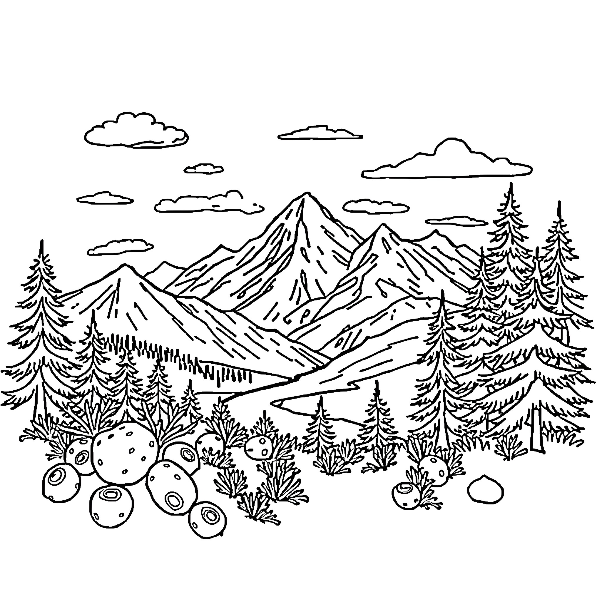 Idaho Mountain Landscape with Wildlife Coloring Page (free black-and-white line drawing printable PDF for all, from beginners to advanced learners, including children, teens, adults, and seniors)