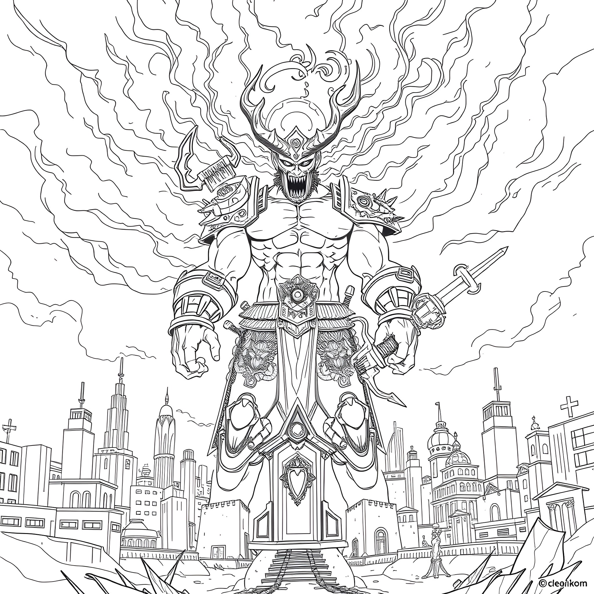 Nemesis, the Raging Demon Lord Invading the City Coloring Page (free black-and-white line drawing printable PDF for all, from beginners to advanced learners, including children, teens, adults, and seniors)