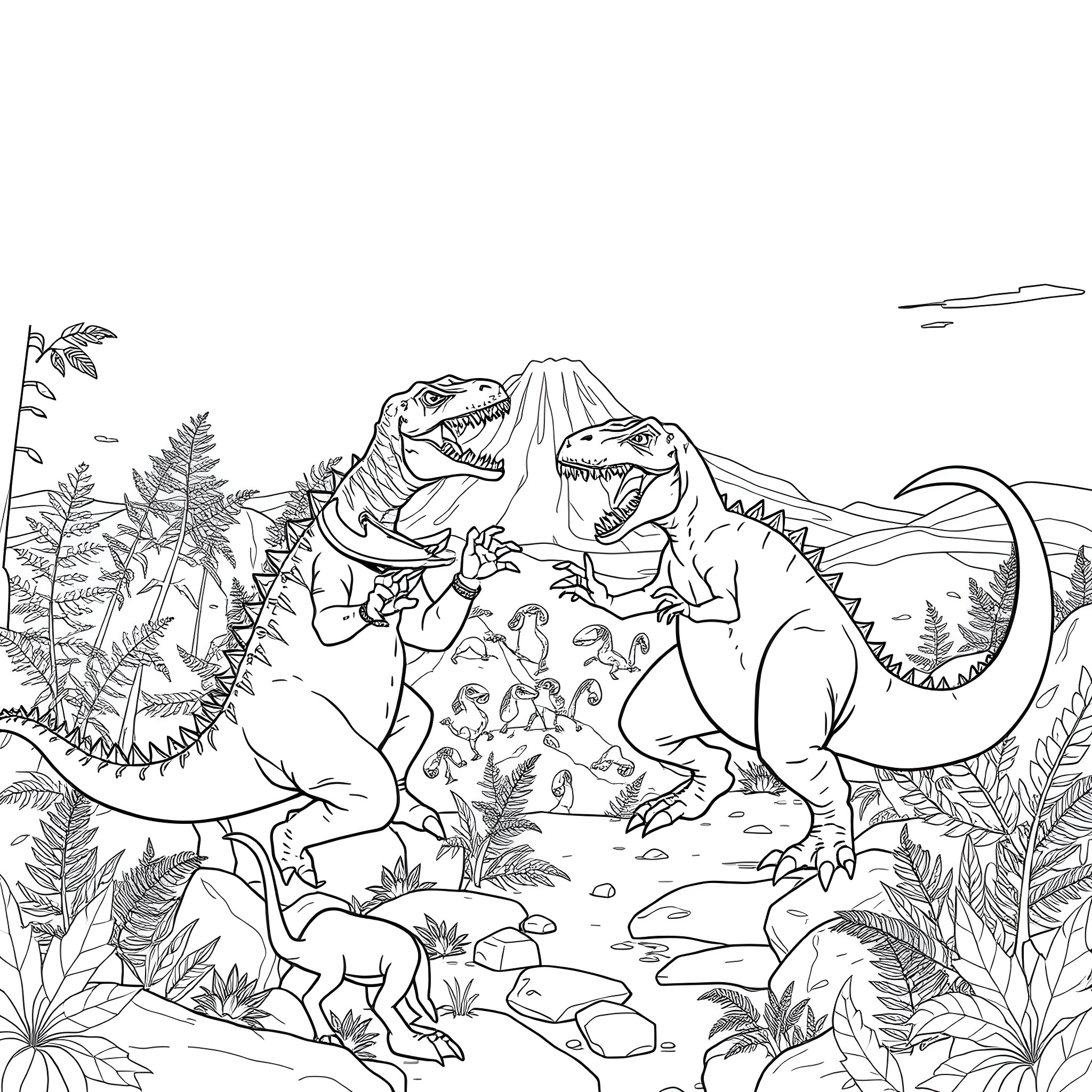 Dinosaur Attacking in Prehistoric Landscape Coloring Page (free black-and-white line drawing printable PDF for all, from beginners to advanced learners, including children, teens, adults, and seniors)