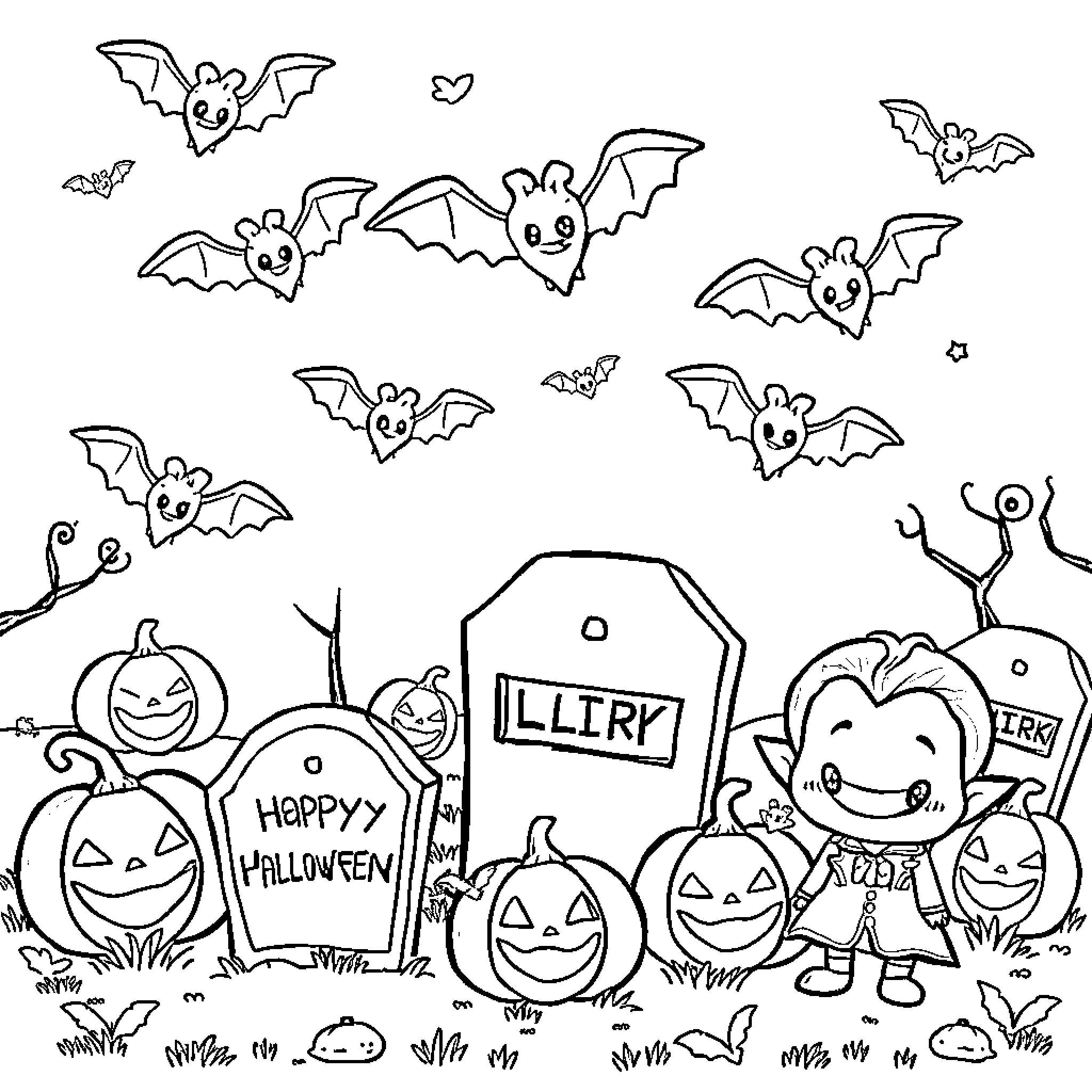 Halloween fun with playful ghosts and pumpkins Coloring Page (free black-and-white line drawing printable PDF for all, from beginners to advanced learners, including children, teens, adults, and seniors)