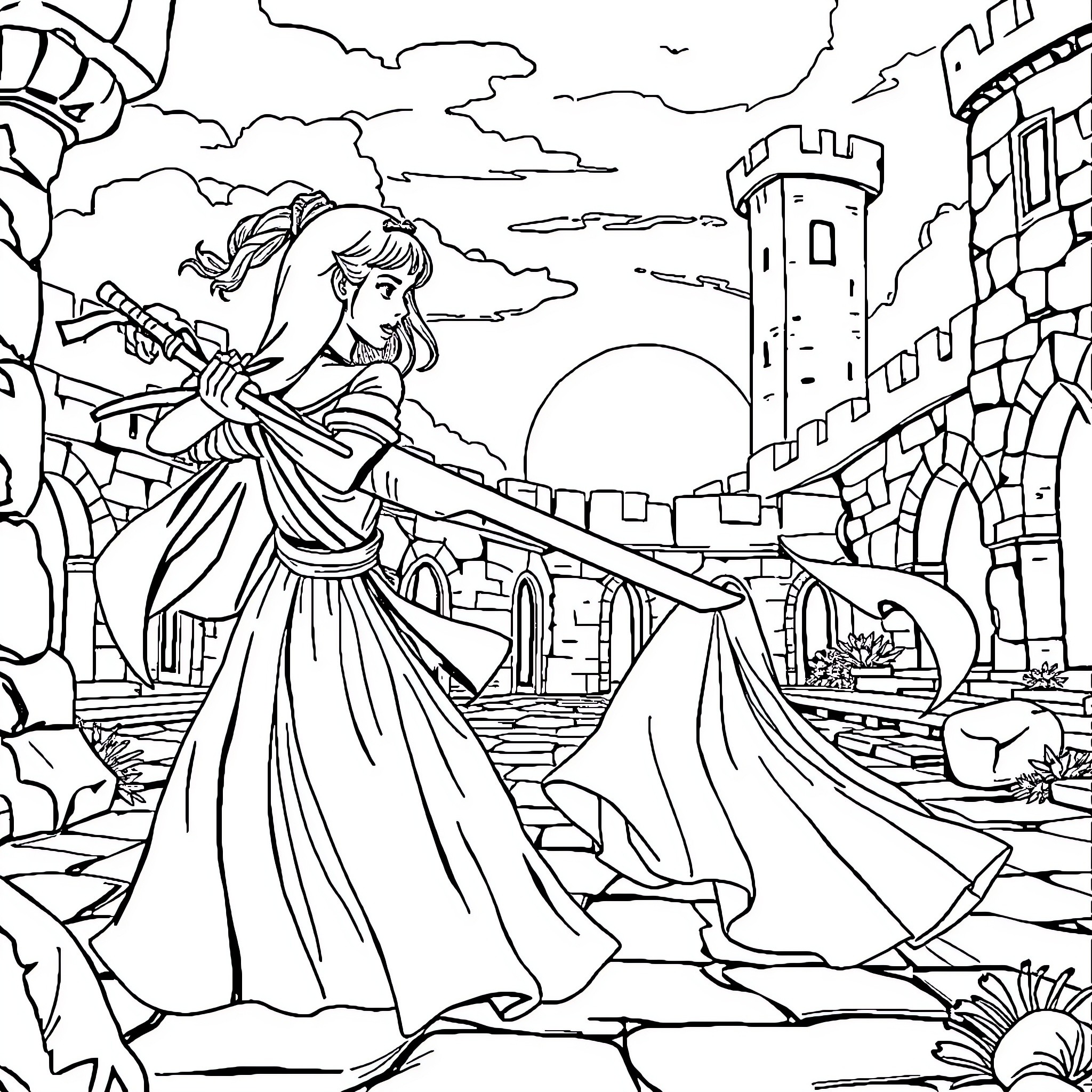 Princess battles bravely in a castle courtyard Coloring Page (free black-and-white line drawing printable PDF for all, from beginners to advanced learners, including children, teens, adults, and seniors)