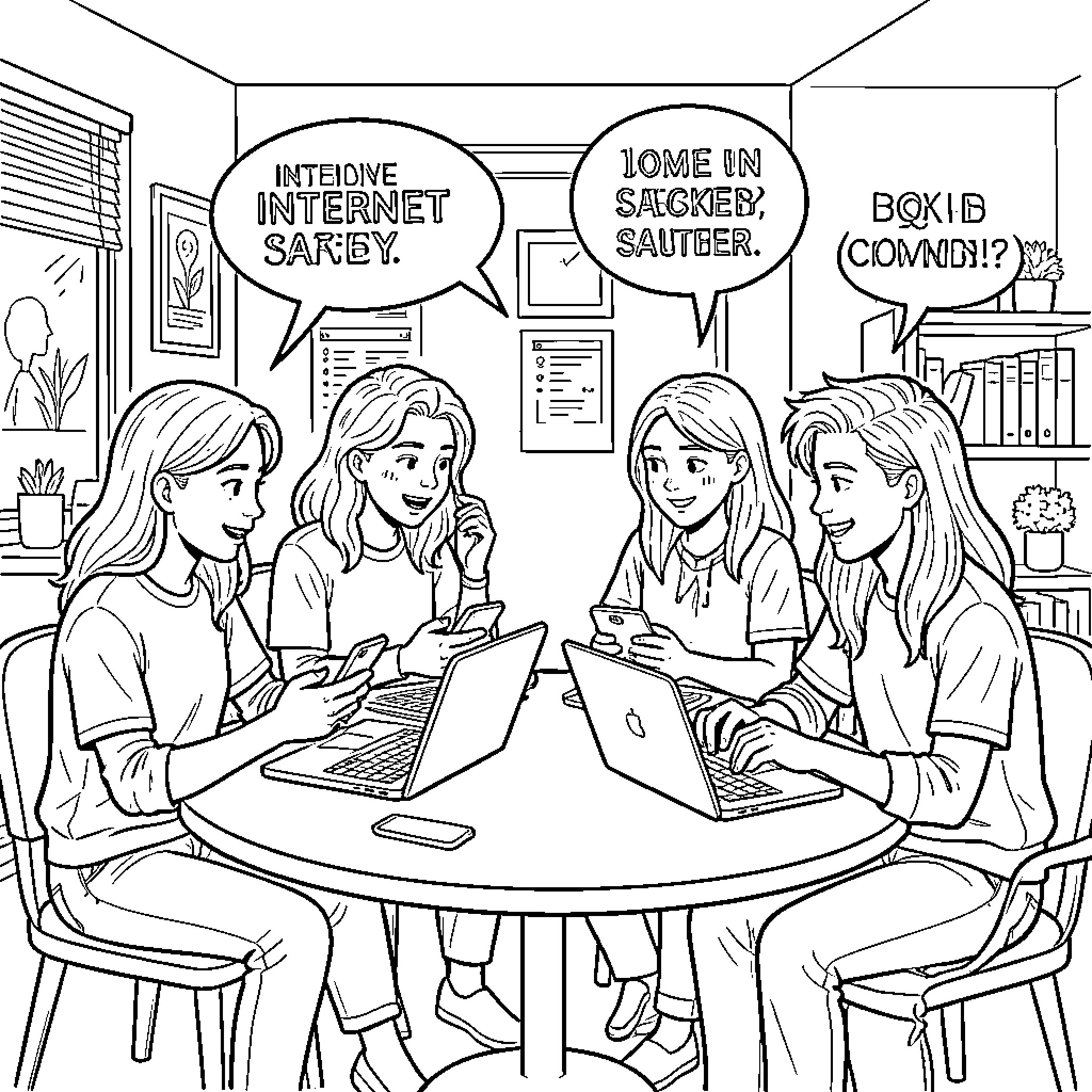 Teenager friends socializing and using computers in a room Coloring Page (free black-and-white line drawing printable PDF for all, from beginners to advanced learners, including children, teens, adults, and seniors)