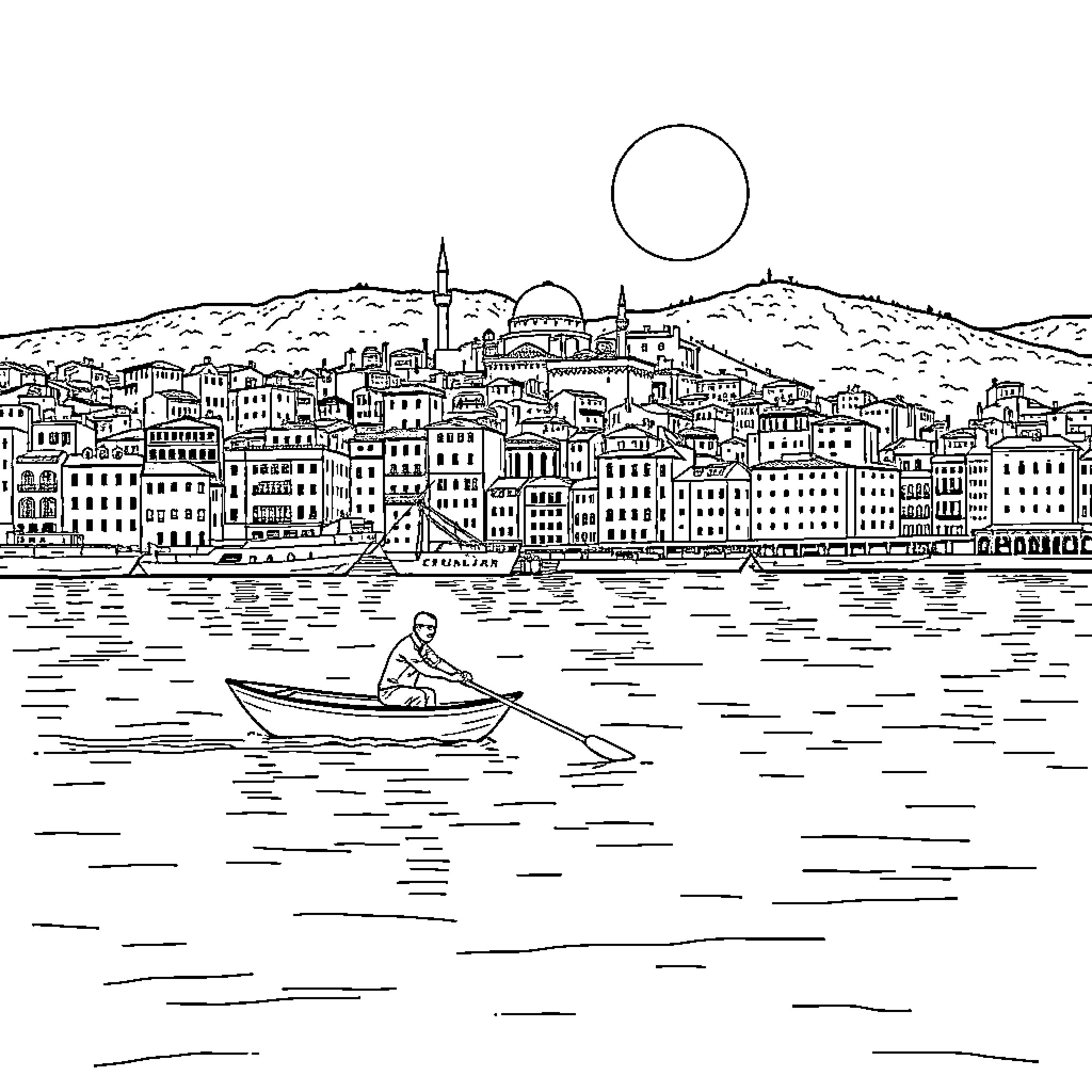 Man rowing boat across tranquil waterfront city Coloring Page (free black-and-white line drawing printable PDF for all, from beginners to advanced learners, including children, teens, adults, and seniors)