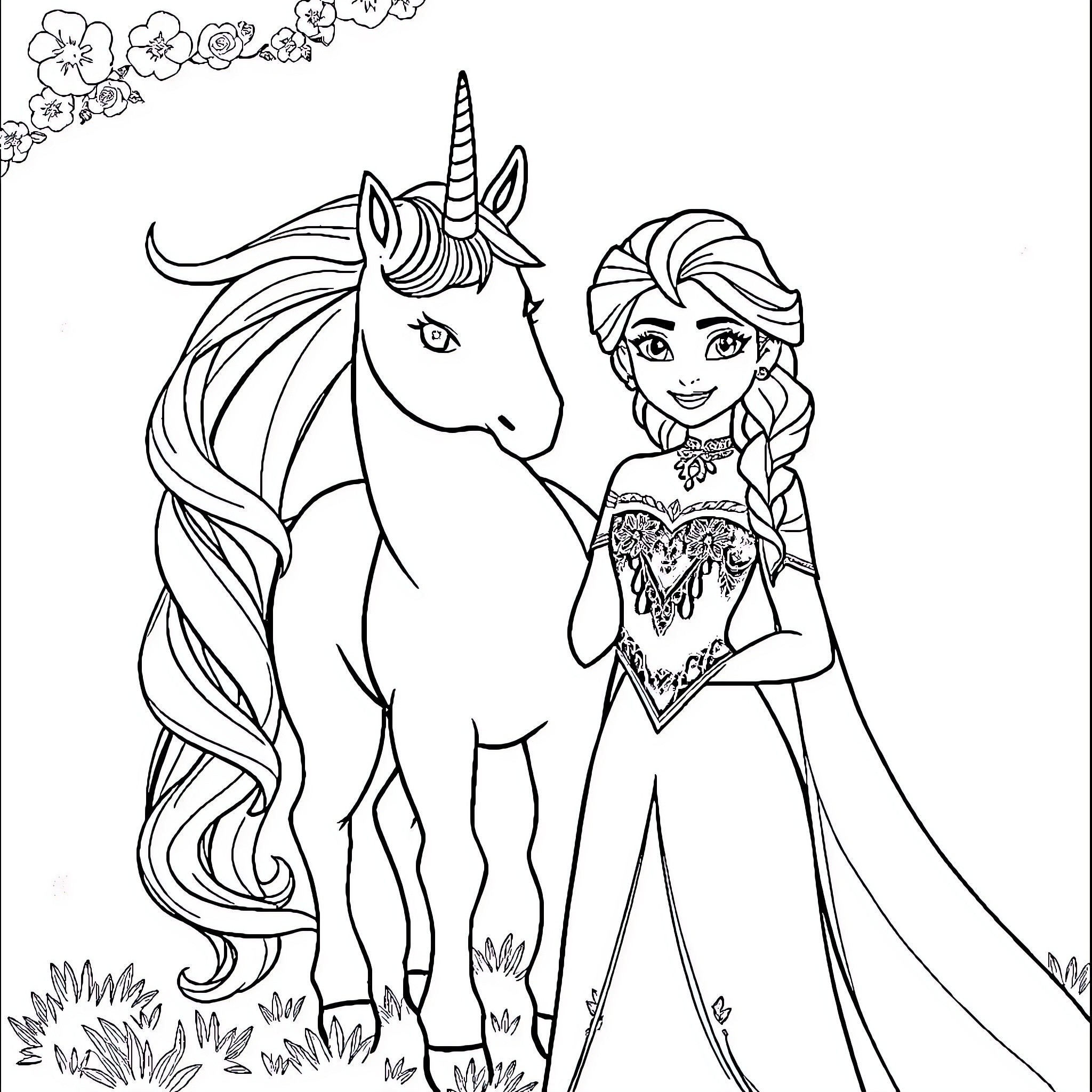 Unicorn and Fairy Princess in Magical Garden Coloring Page (free black-and-white line drawing printable PDF for all, from beginners to advanced learners, including children, teens, adults, and seniors)