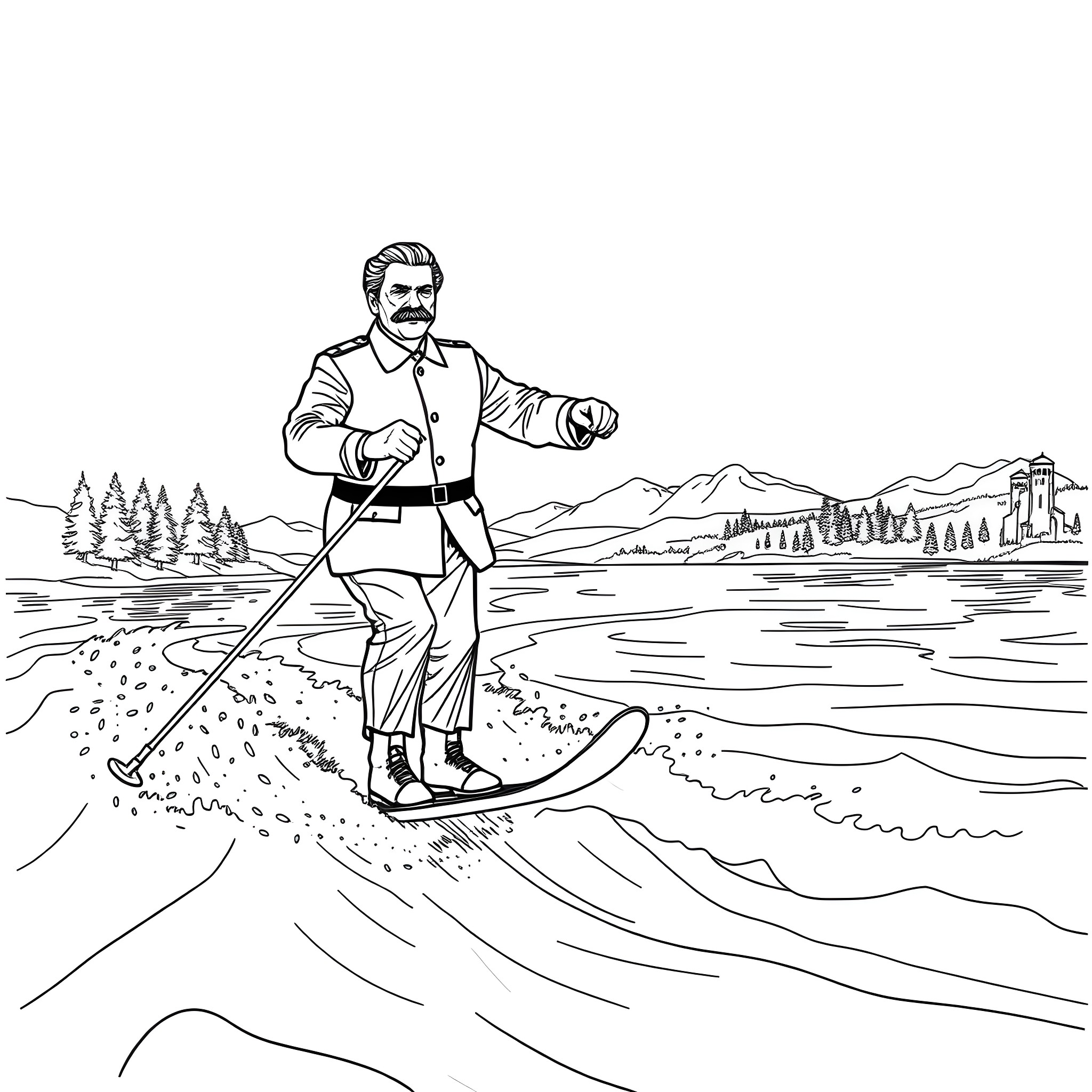 Josef Stalin skiing on a snow-covered landscape Coloring Page (free black-and-white line drawing printable PDF for all, from beginners to advanced learners, including children, teens, adults, and seniors)