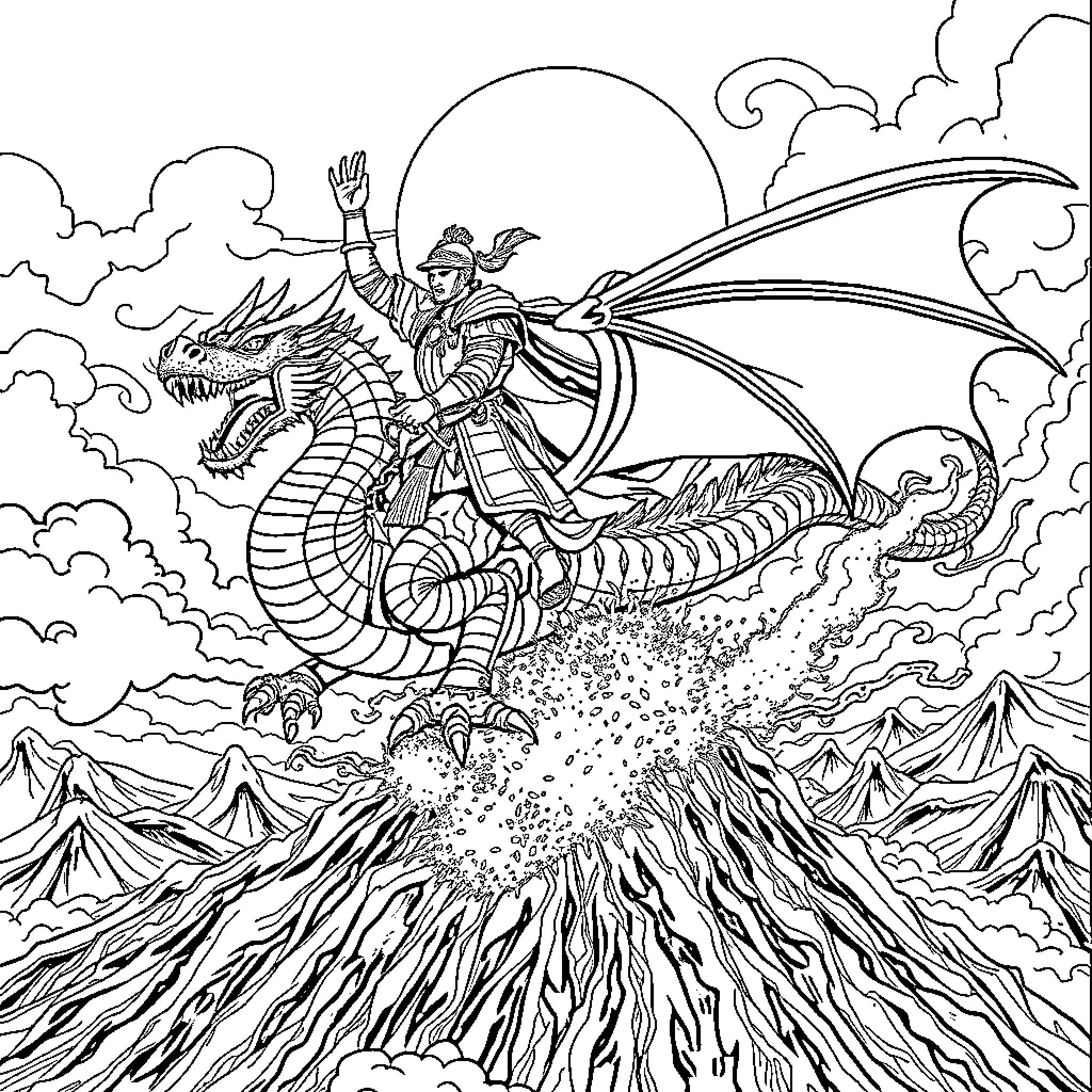 Samurai Riding Majestic Dragon in Stormy Skies Coloring Page (free black-and-white line drawing printable PDF for all, from beginners to advanced learners, including children, teens, adults, and seniors)