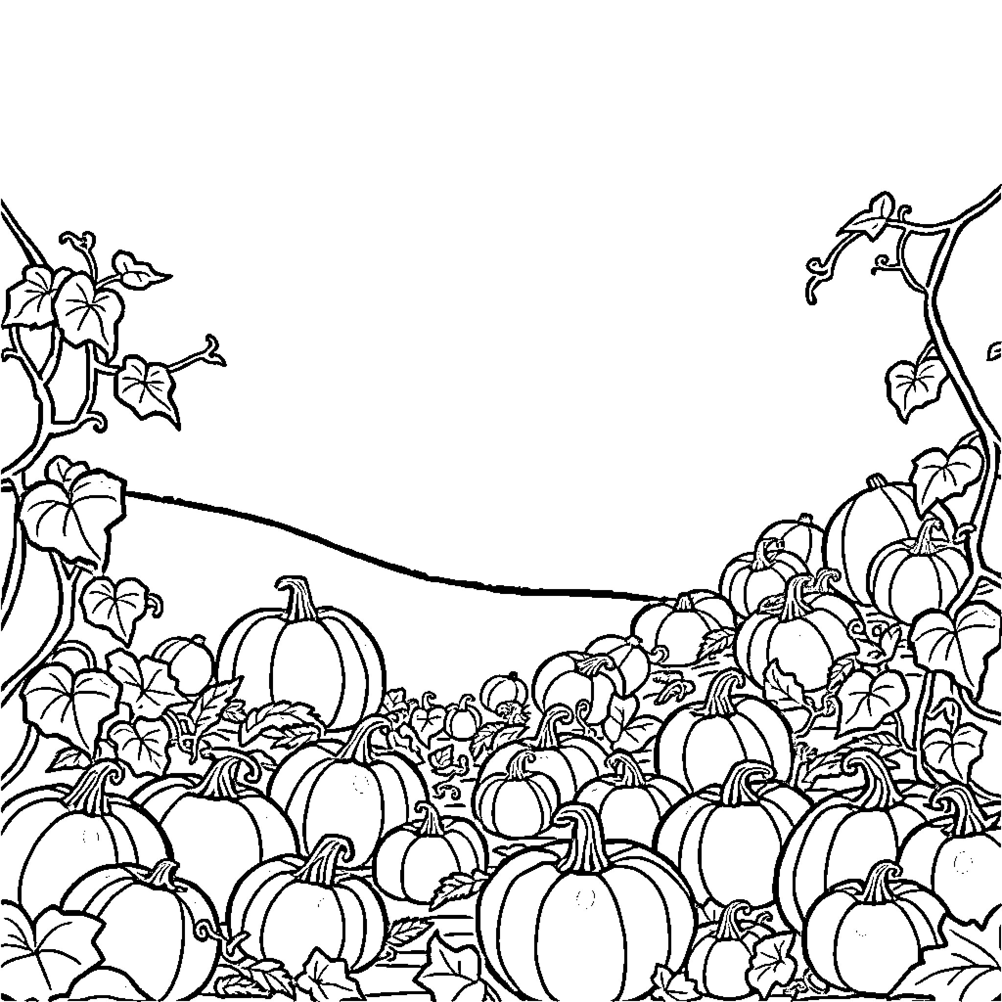 Pumpkin patch filled with carved pumpkins Coloring Page (free black-and-white line drawing printable PDF for all, from beginners to advanced learners, including children, teens, adults, and seniors)