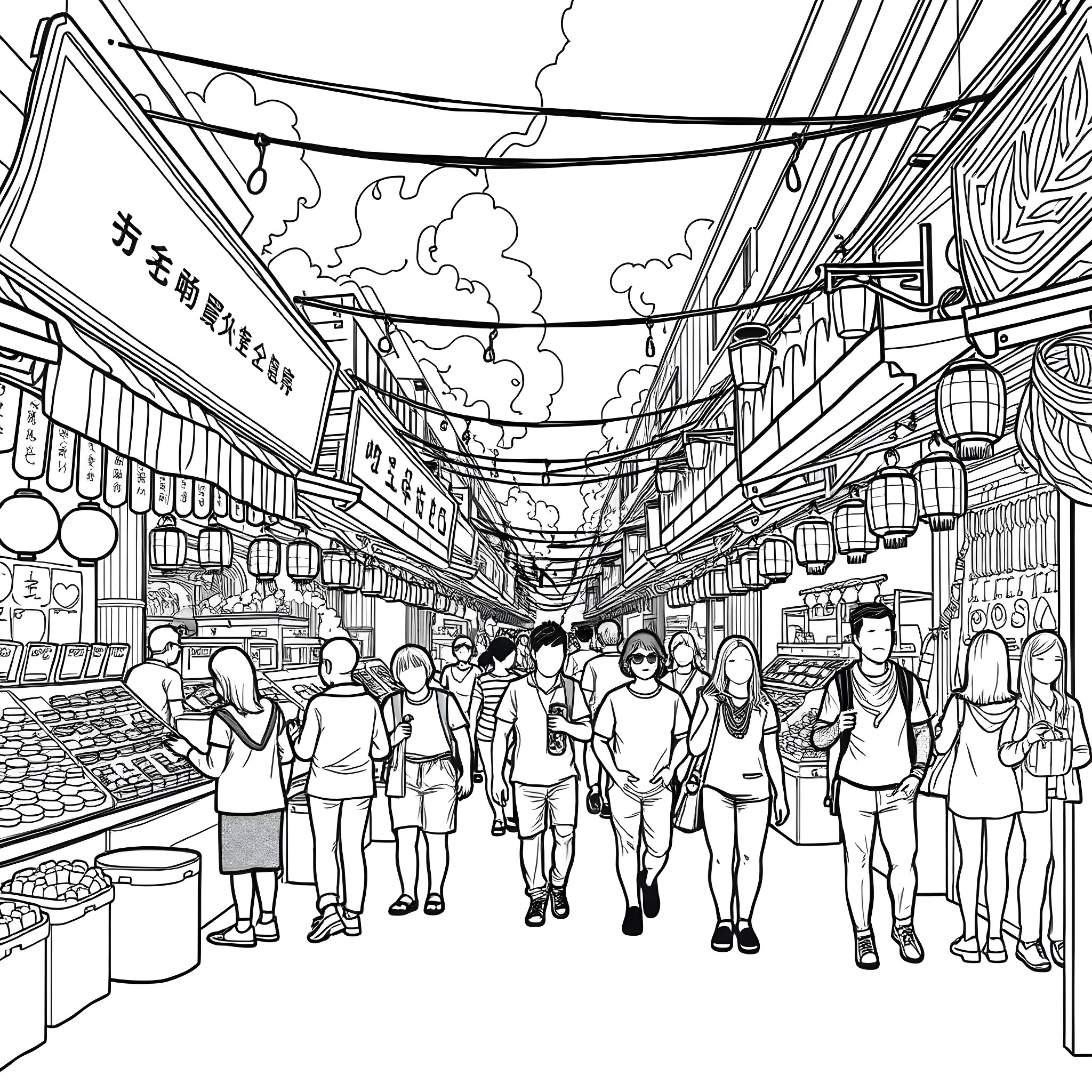 Market Bustling with Vibrant Crowds and Shops Coloring Page (free black-and-white line drawing printable PDF for all, from beginners to advanced learners, including children, teens, adults, and seniors)