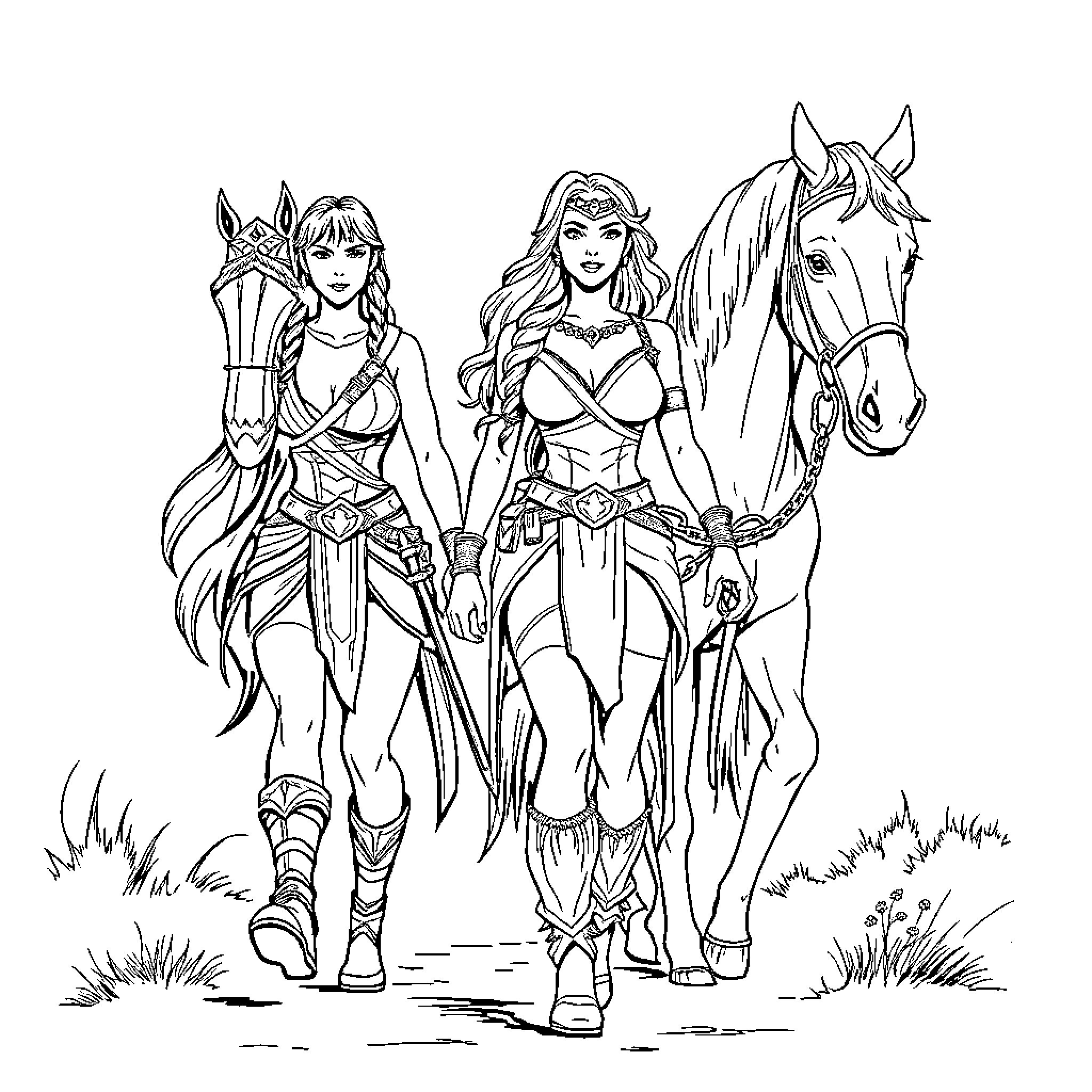 Xena and companion walking alongside horses in warrior attire Coloring Page (free black-and-white line drawing printable PDF for all, from beginners to advanced learners, including children, teens, adults, and seniors)