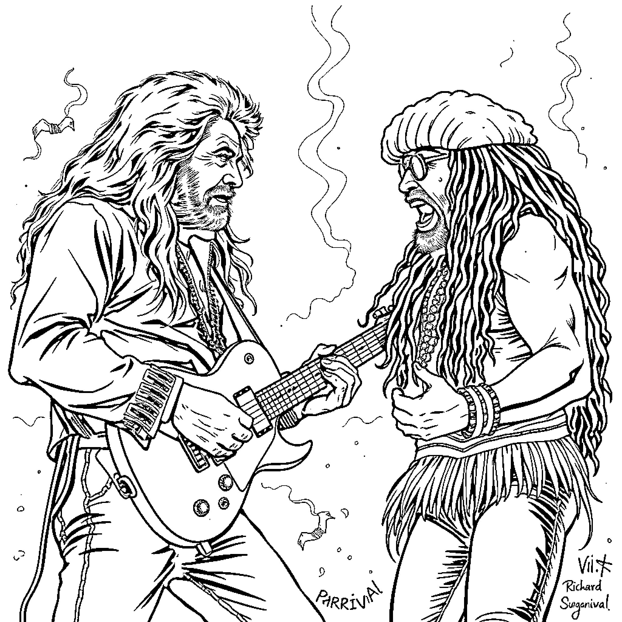 Willy Nelson performing with a long-haired companion Coloring Page (free black-and-white line drawing printable PDF for all, from beginners to advanced learners, including children, teens, adults, and seniors)