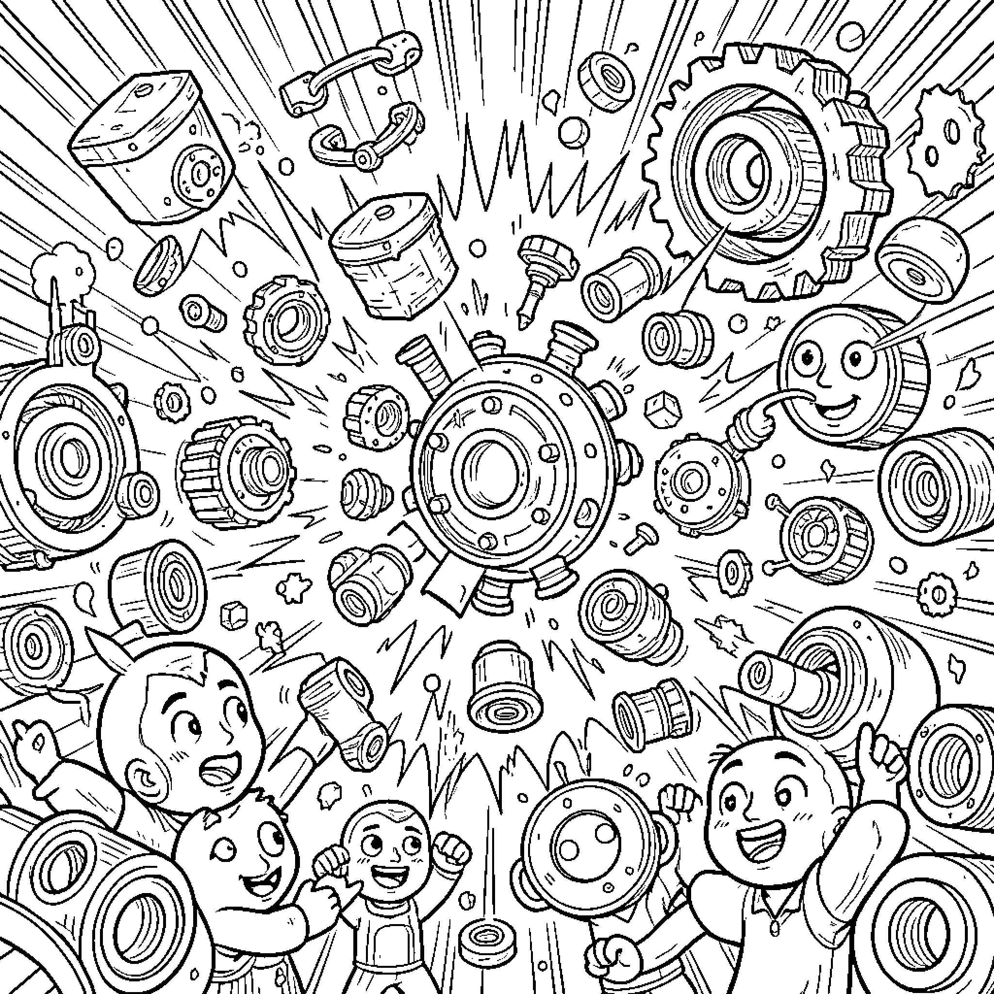 Crashboompunk explosion of various mechanical machine parts Coloring Page (free black-and-white line drawing printable PDF for all, from beginners to advanced learners, including children, teens, adults, and seniors)
