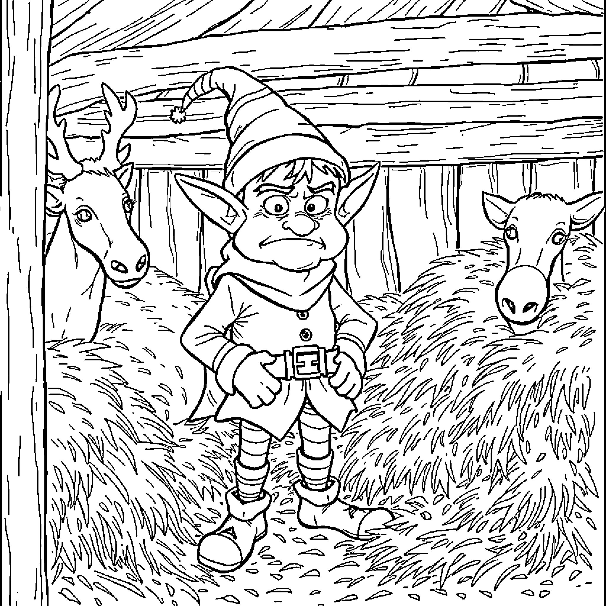 Elf exploring the forest with animal companions Coloring Page (free black-and-white line drawing printable PDF for all, from beginners to advanced learners, including children, teens, adults, and seniors)