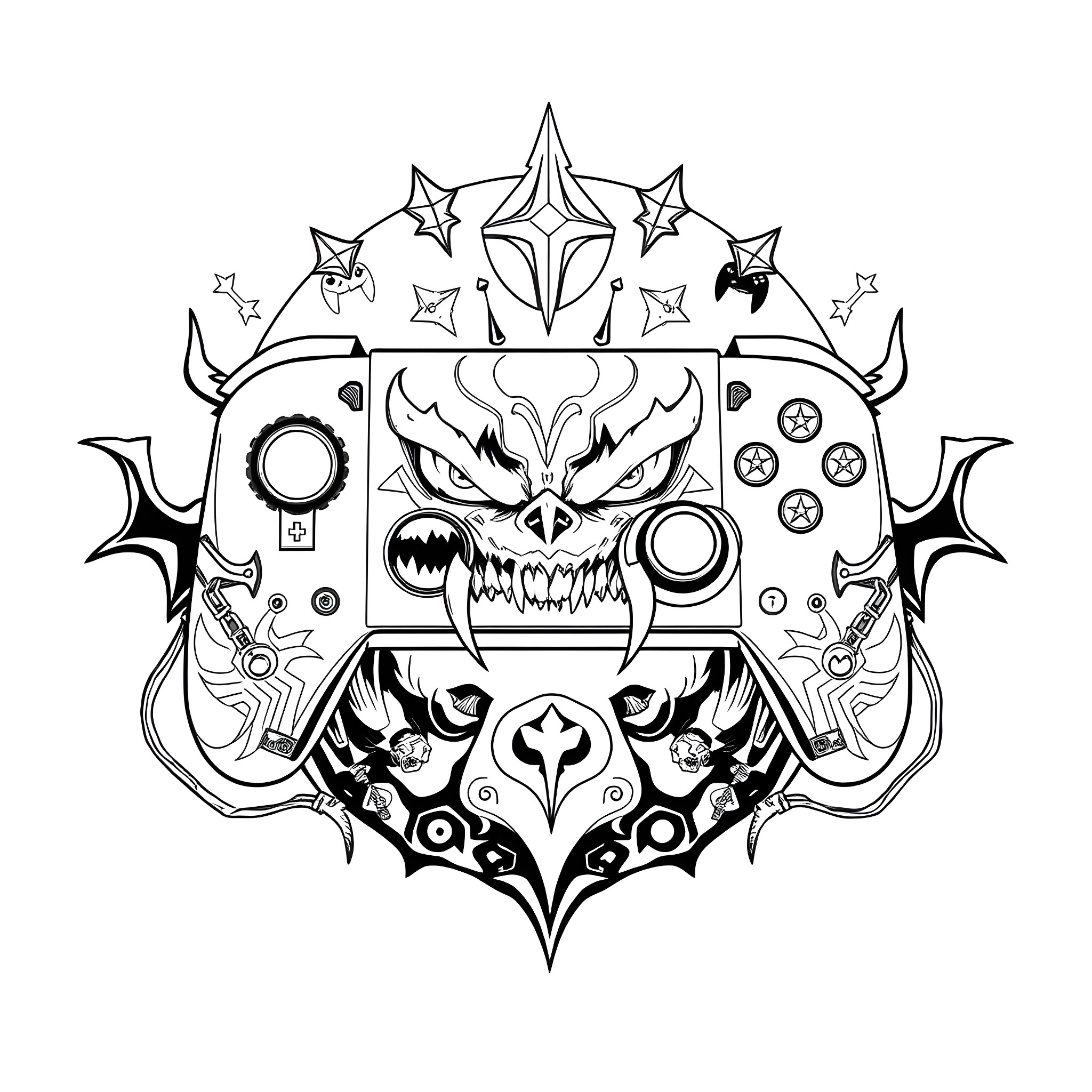 Controller with Menacing Skull and Ornate Designs Coloring Page (free black-and-white line drawing printable PDF for all, from beginners to advanced learners, including children, teens, adults, and seniors)