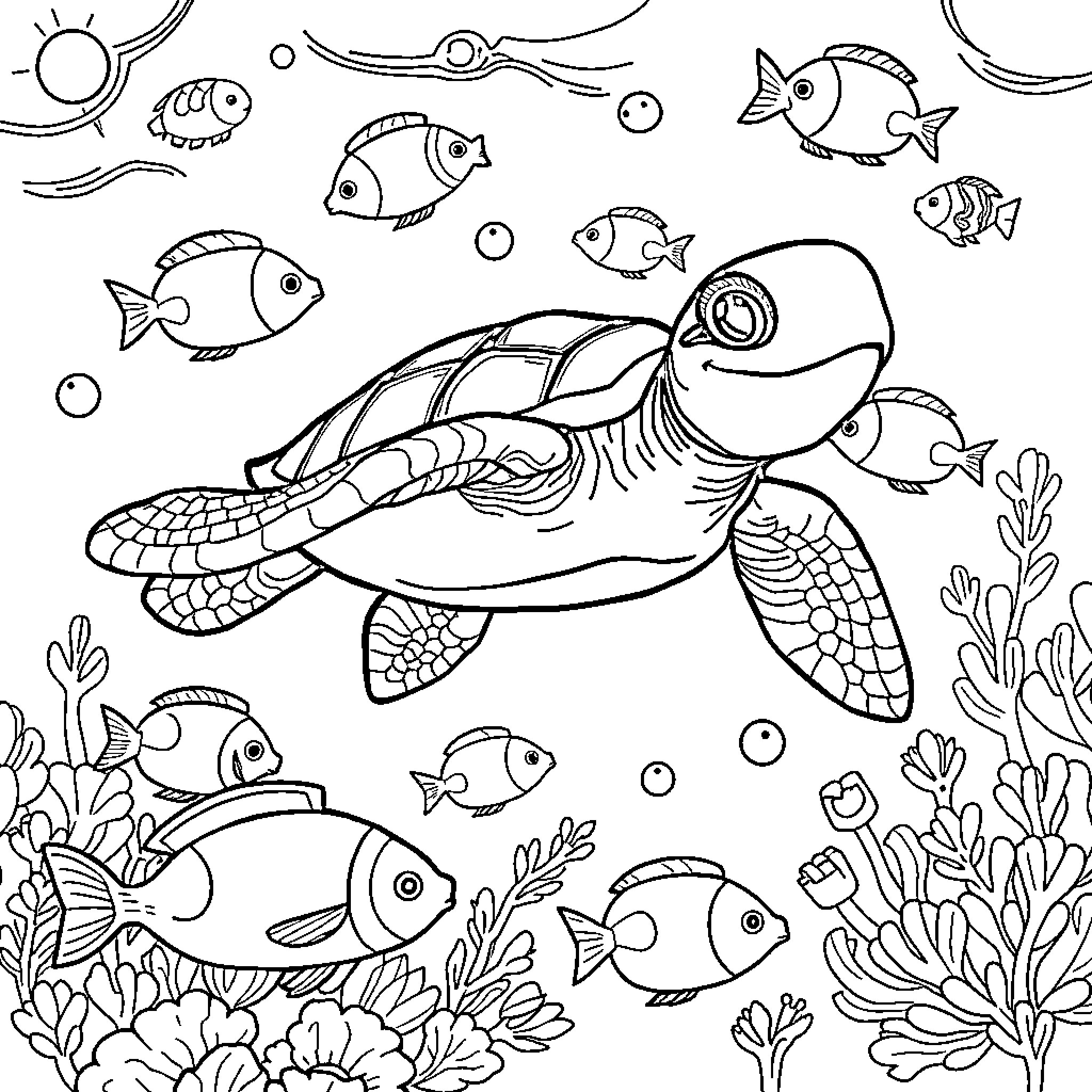 Turtle exploring the vibrant underwater world Coloring Page (free black-and-white line drawing printable PDF for all, from beginners to advanced learners, including children, teens, adults, and seniors)