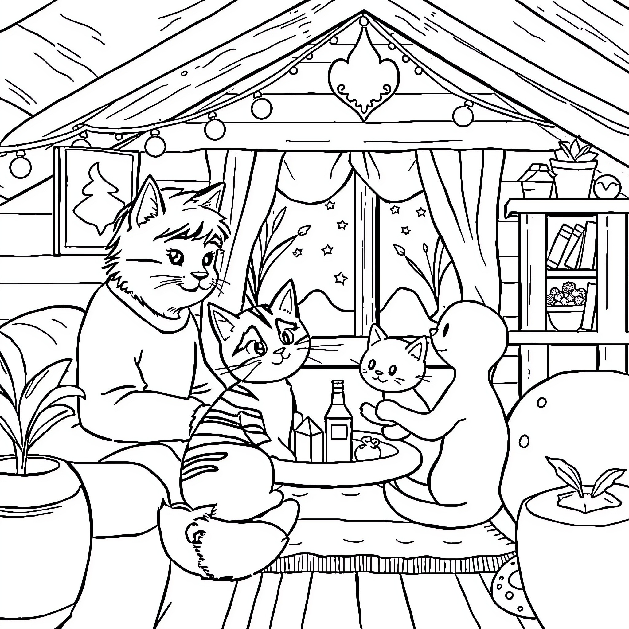 Cat family having a cozy indoor party Coloring Page (free black-and-white line drawing printable PDF for all, from beginners to advanced learners, including children, teens, adults, and seniors)