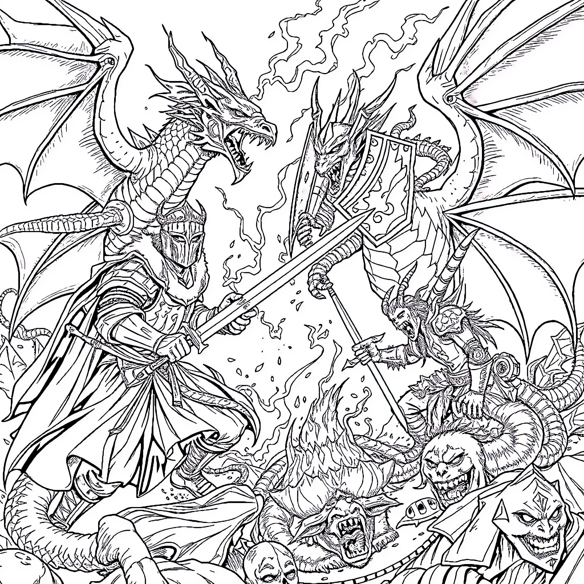 Knight battling fierce dragon in a magical realm Coloring Page (free black-and-white line drawing printable PDF for all, from beginners to advanced learners, including children, teens, adults, and seniors)