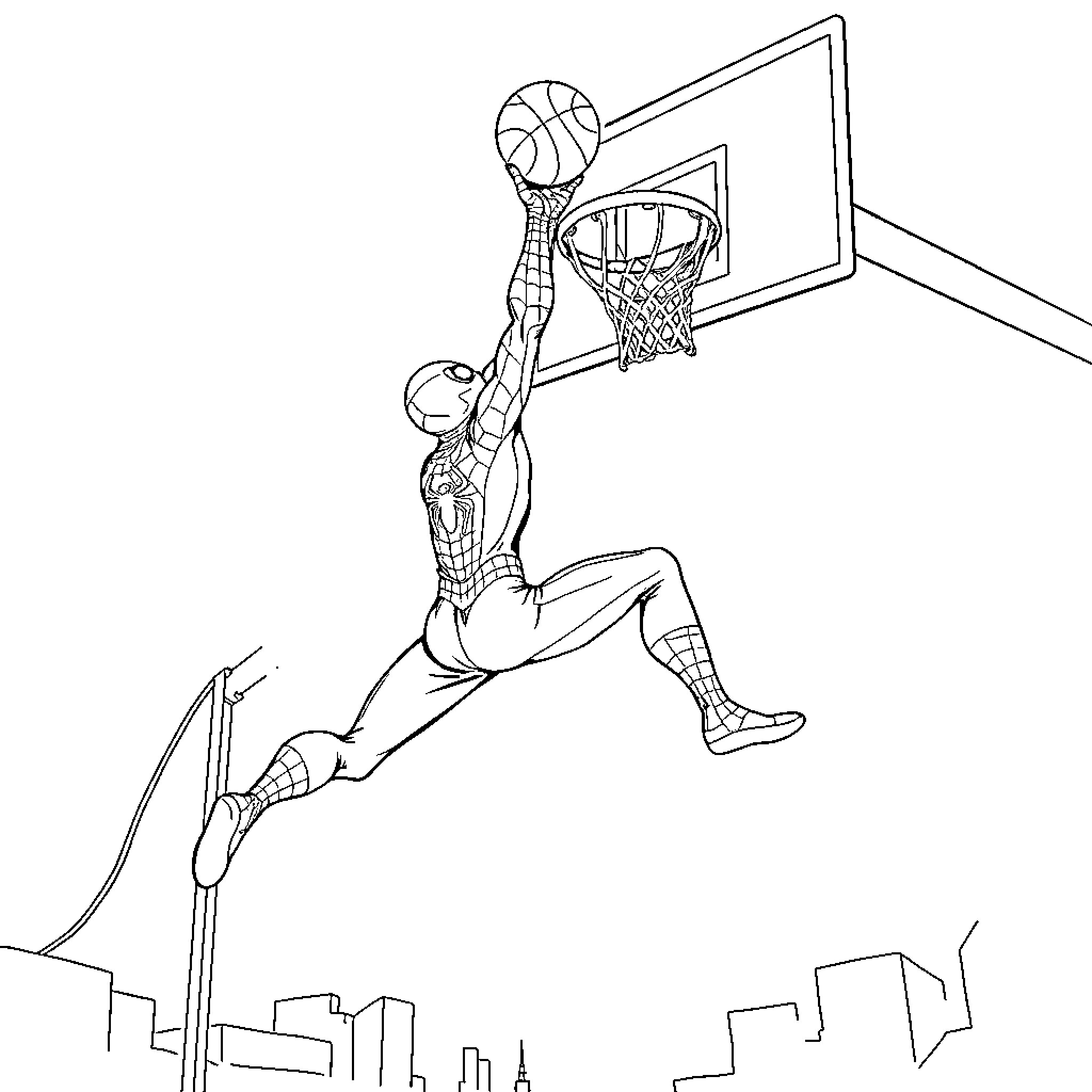 Spiderman dunking a basketball in a city skyline Coloring Page (free black-and-white line drawing printable PDF for all, from beginners to advanced learners, including children, teens, adults, and seniors)