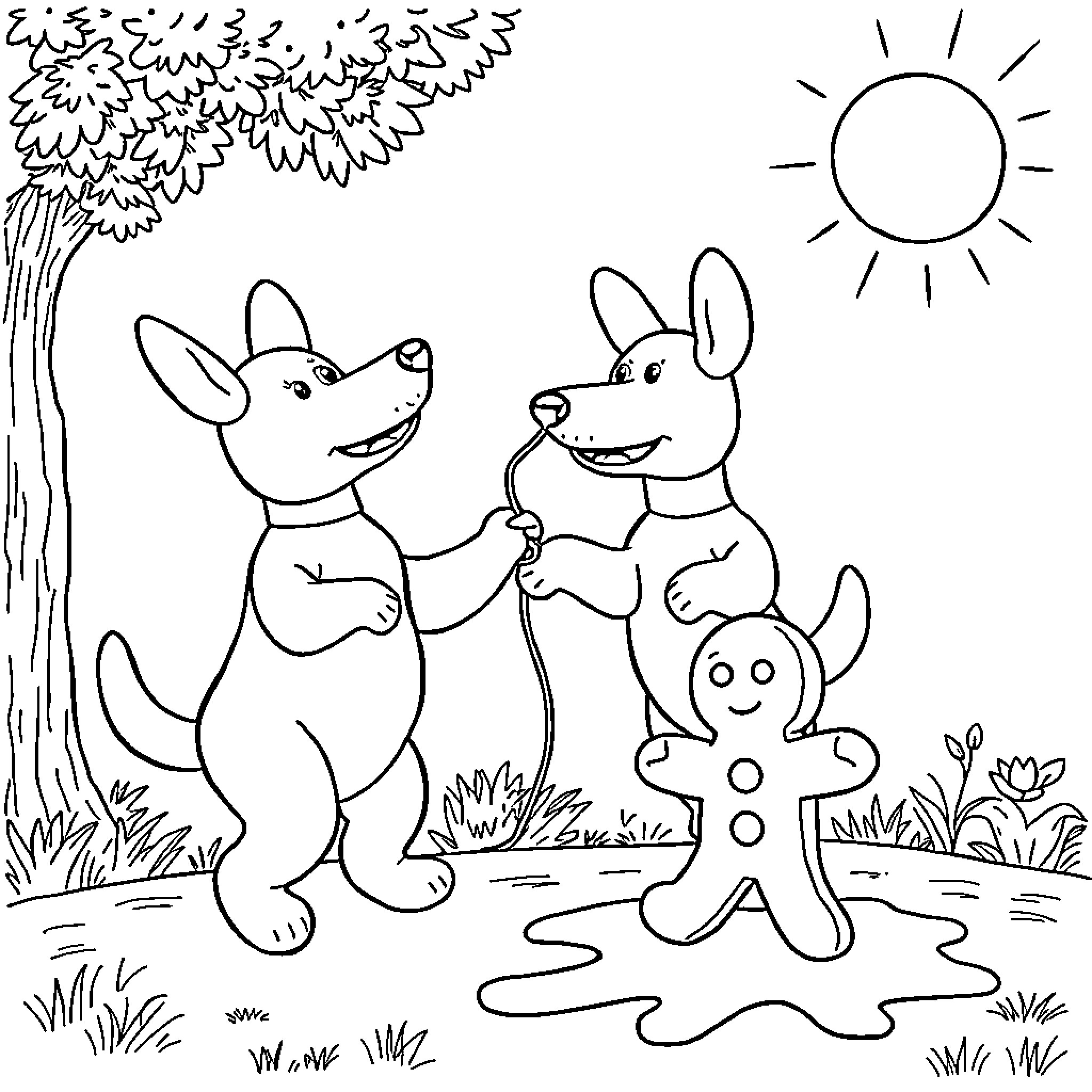 Ballondog playing with friends in the sun Coloring Page (free black-and-white line drawing printable PDF for all, from beginners to advanced learners, including children, teens, adults, and seniors)