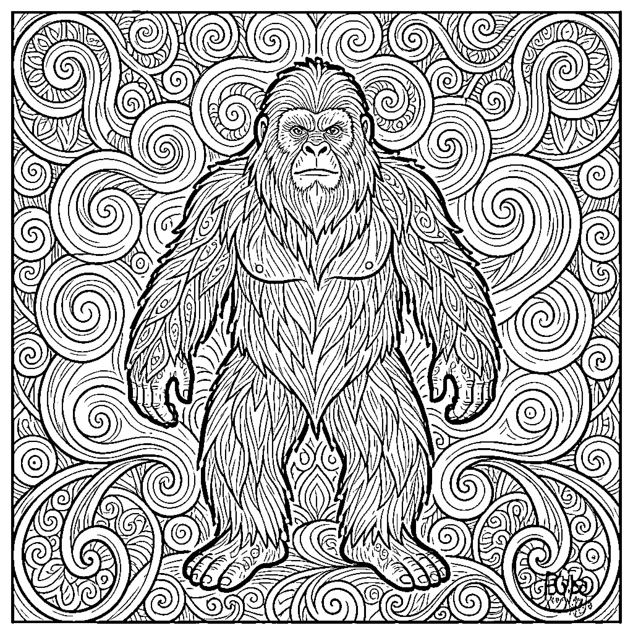 Sasquatch in the midst of swirling patterns Coloring Page (free black-and-white line drawing printable PDF for all, from beginners to advanced learners, including children, teens, adults, and seniors)