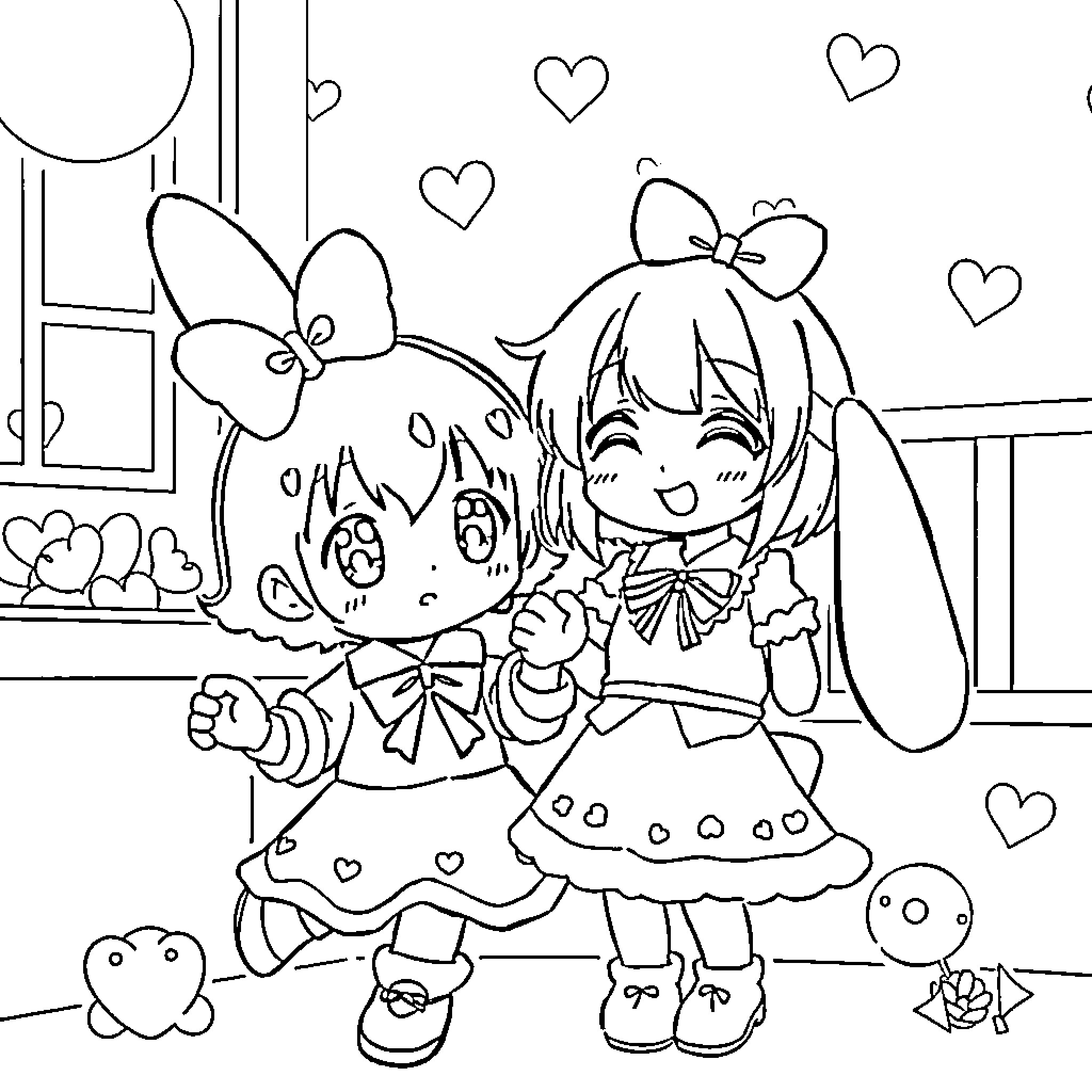 Kuromi style characters posing together amidst floating hearts Coloring Page (free black-and-white line drawing printable PDF for all, from beginners to advanced learners, including children, teens, adults, and seniors)