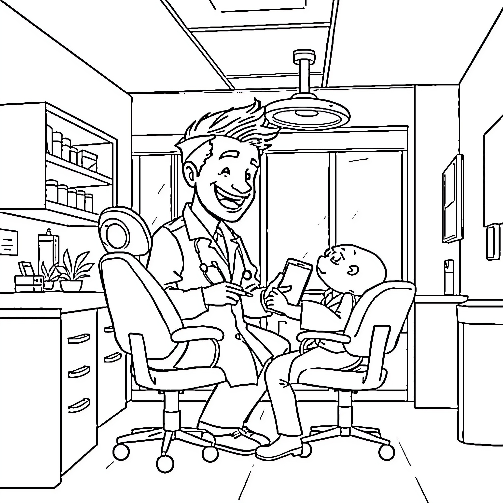 Itachi examining a patient in a medical office Coloring Page (free black-and-white line drawing printable PDF for all, from beginners to advanced learners, including children, teens, adults, and seniors)
