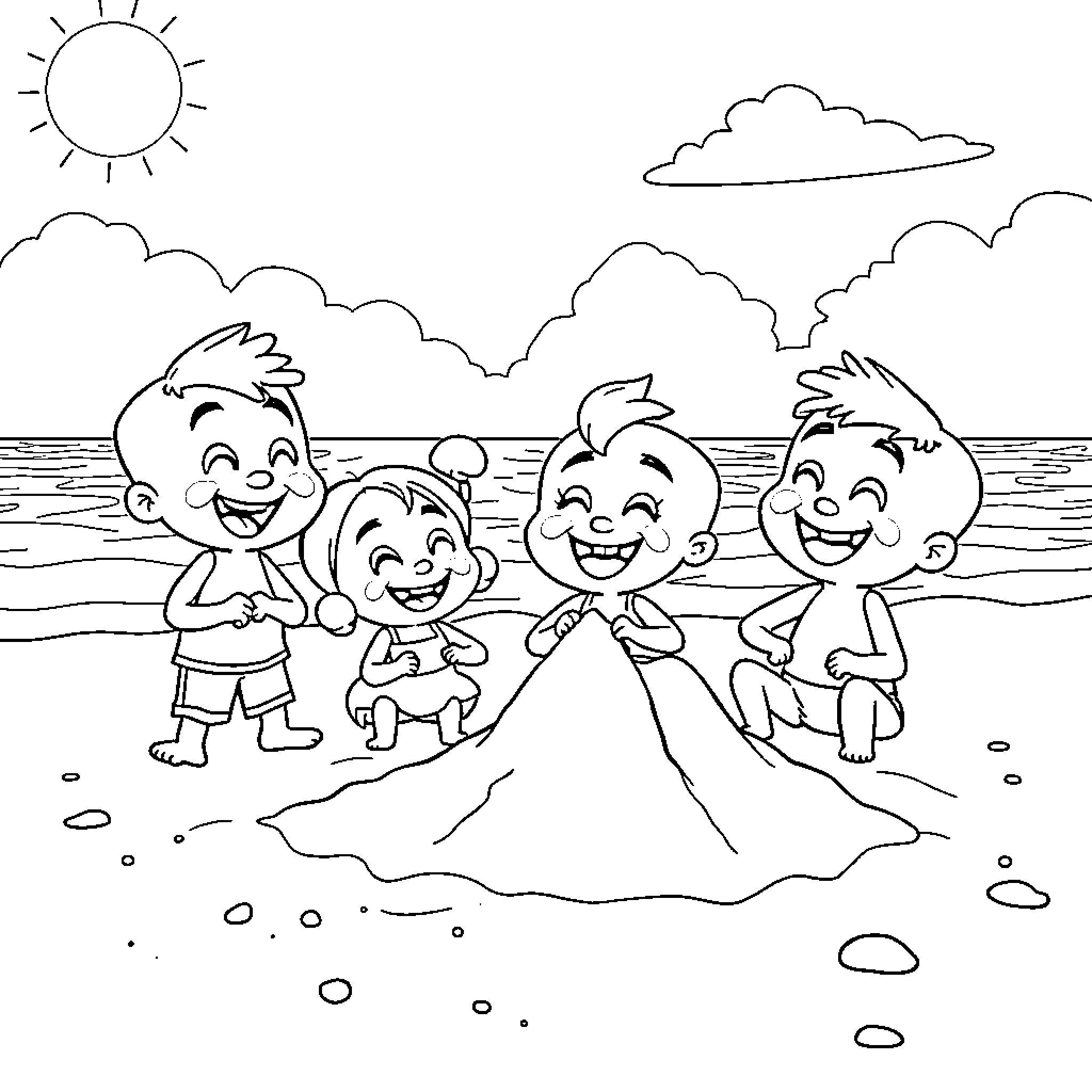 Bluey and friends play at the beach Coloring Page (free black-and-white line drawing printable PDF for all, from beginners to advanced learners, including children, teens, adults, and seniors)