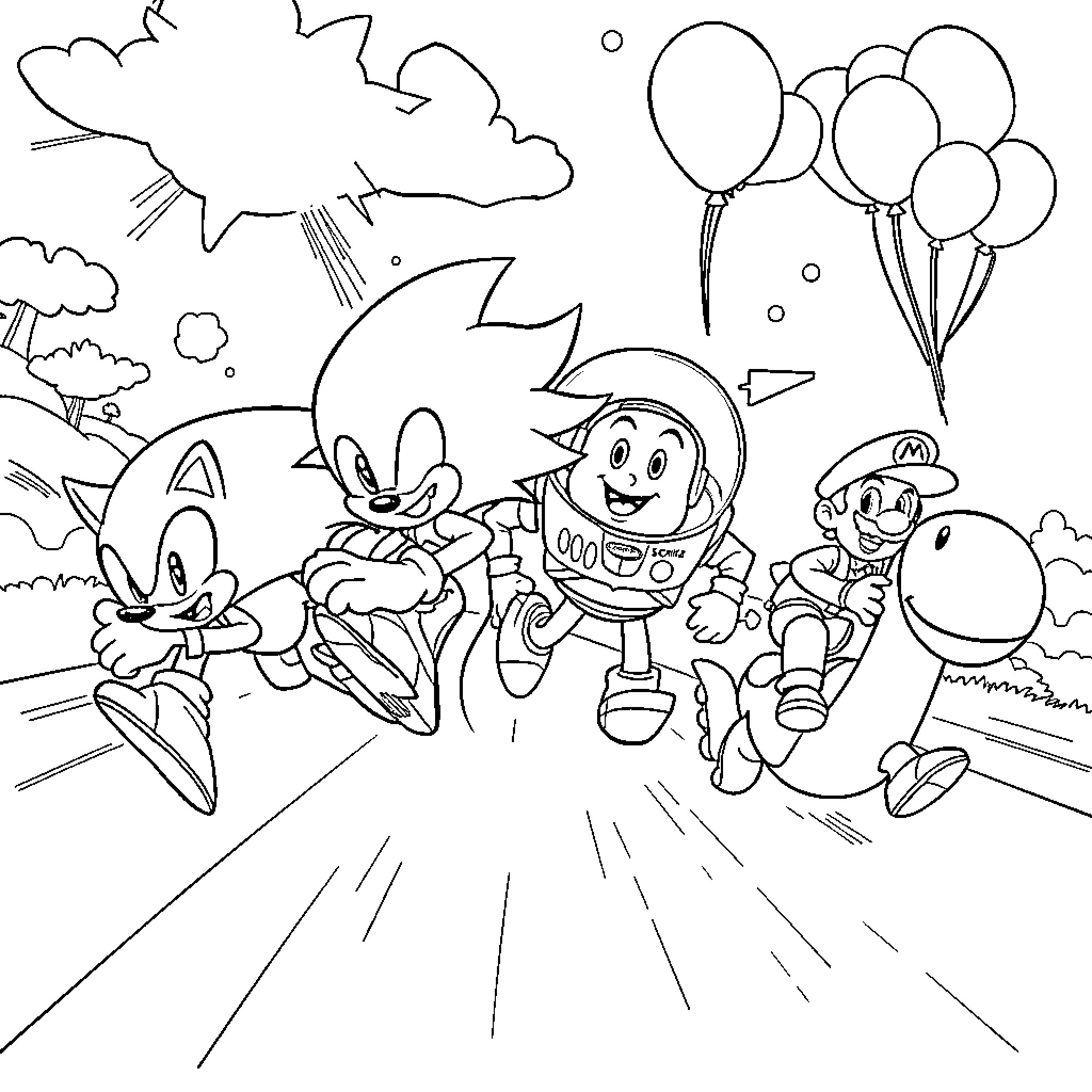 Character cartoon characters running and playing in the park Coloring Page (free black-and-white line drawing printable PDF for all, from beginners to advanced learners, including children, teens, adults, and seniors)