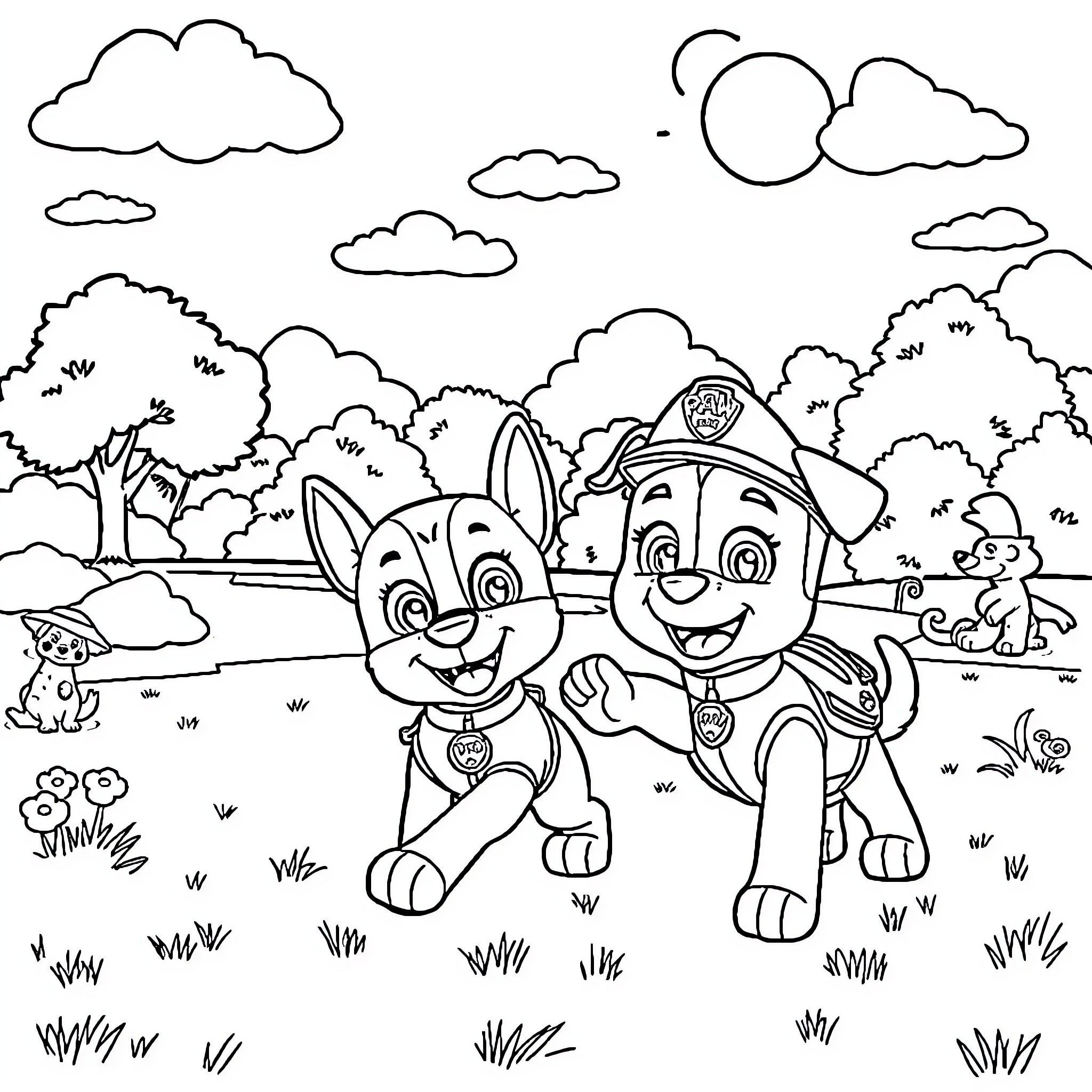 Paw Patrol friends explore the forest Coloring Page (free black-and-white line drawing printable PDF for all, from beginners to advanced learners, including children, teens, adults, and seniors)
