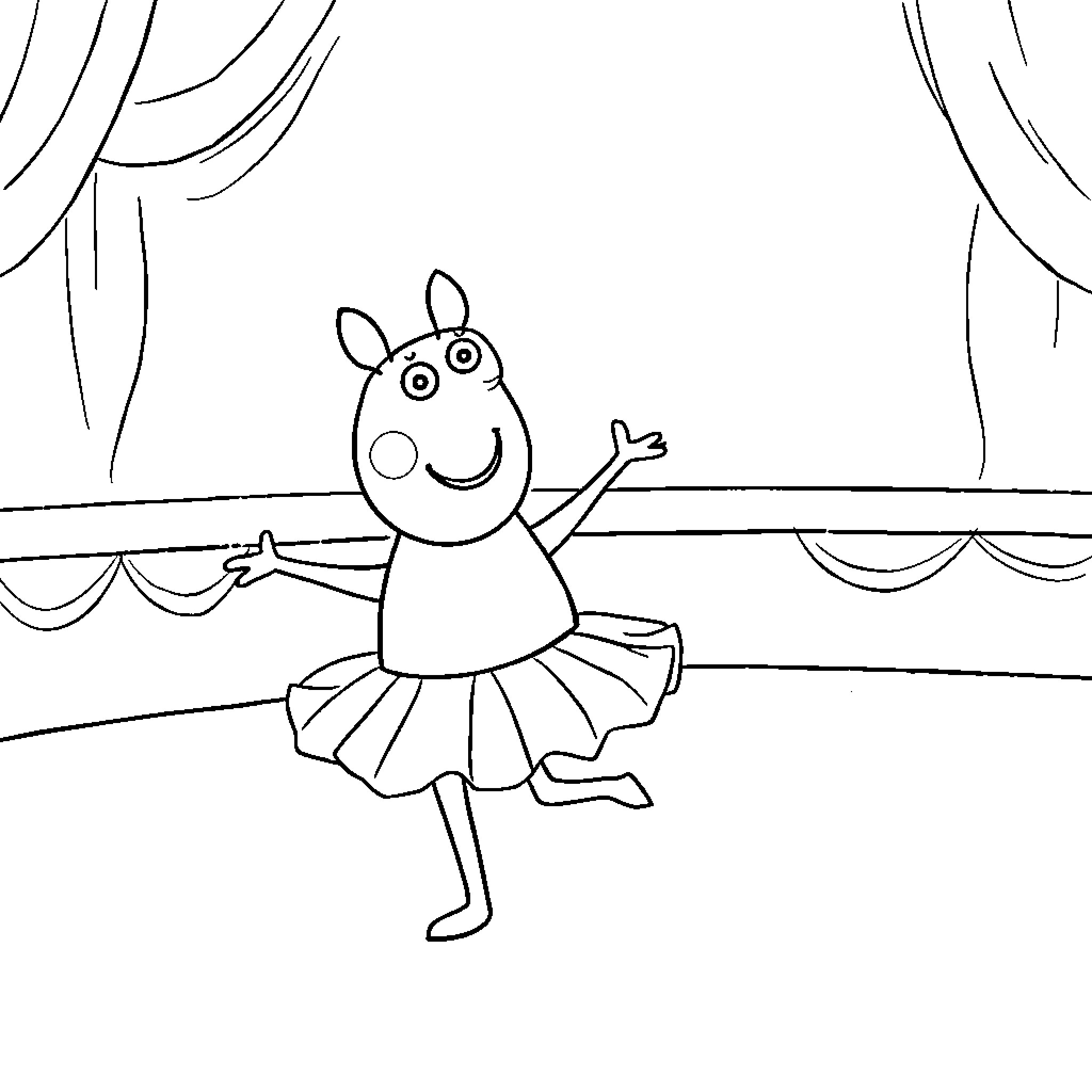 Peppa Pig happily dancing on stage Coloring Page (free black-and-white line drawing printable PDF for all, from beginners to advanced learners, including children, teens, adults, and seniors)