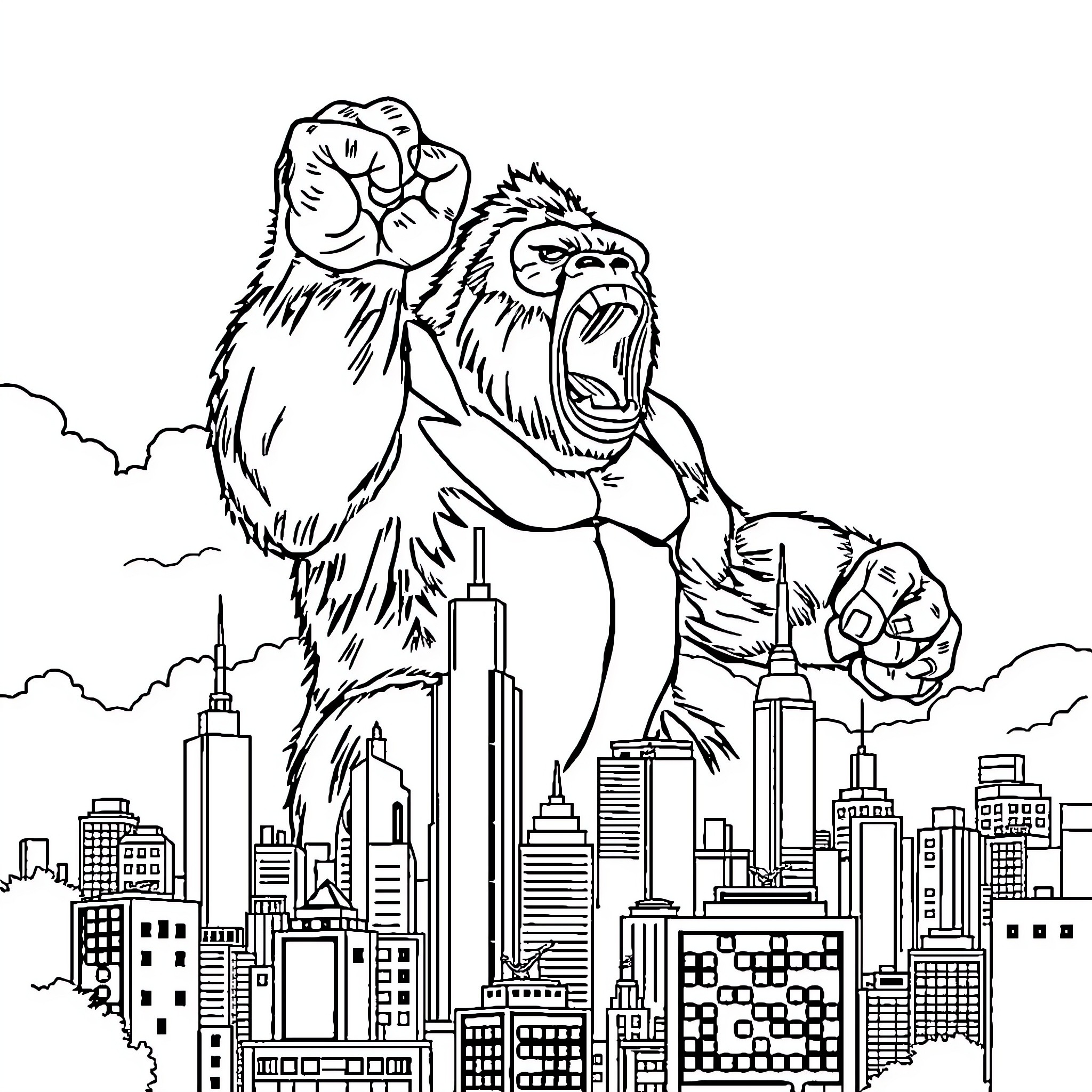 King Kong rampaging through the city skyline Coloring Page (free black-and-white line drawing printable PDF for all, from beginners to advanced learners, including children, teens, adults, and seniors)