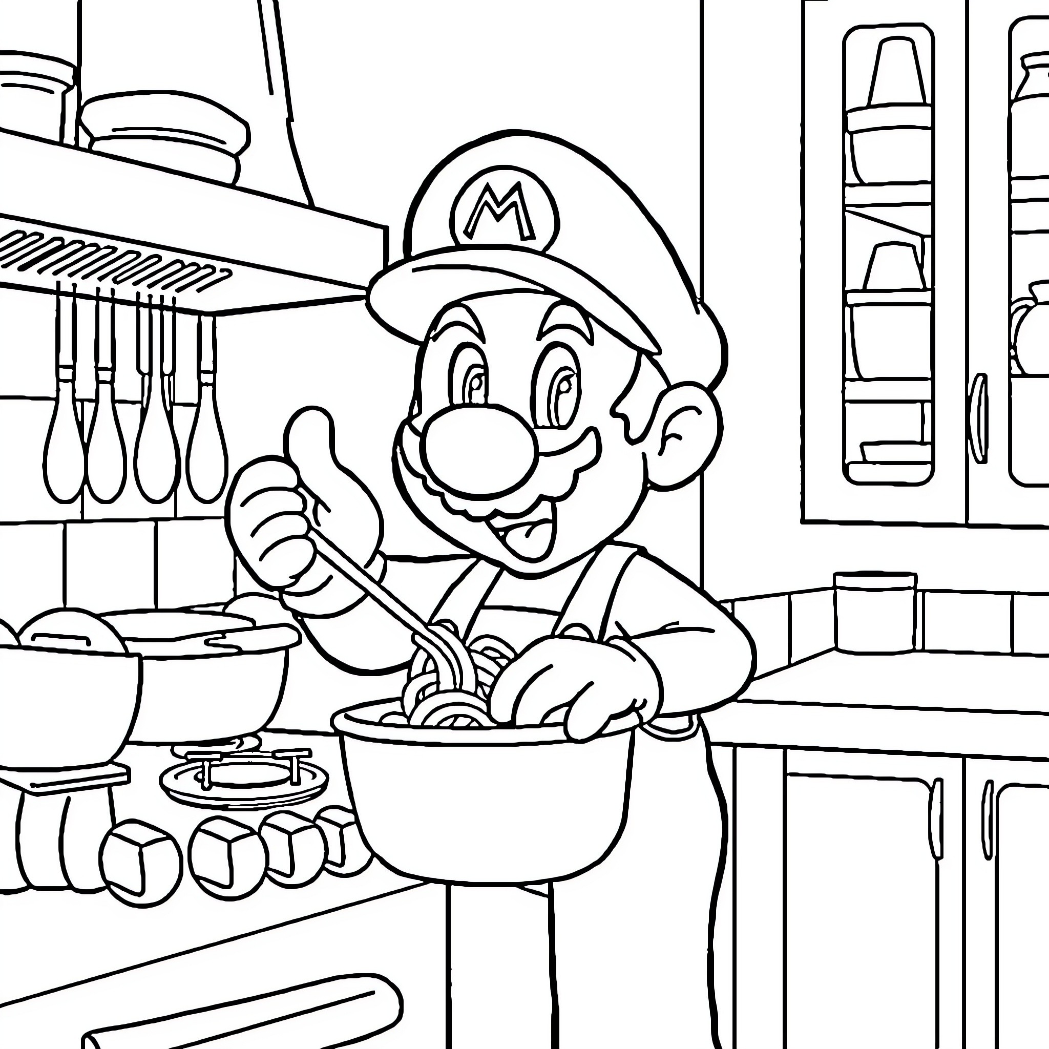 Super Mario Cooking in a Kitchen Coloring Page (free black-and-white line drawing printable PDF for all, from beginners to advanced learners, including children, teens, adults, and seniors)