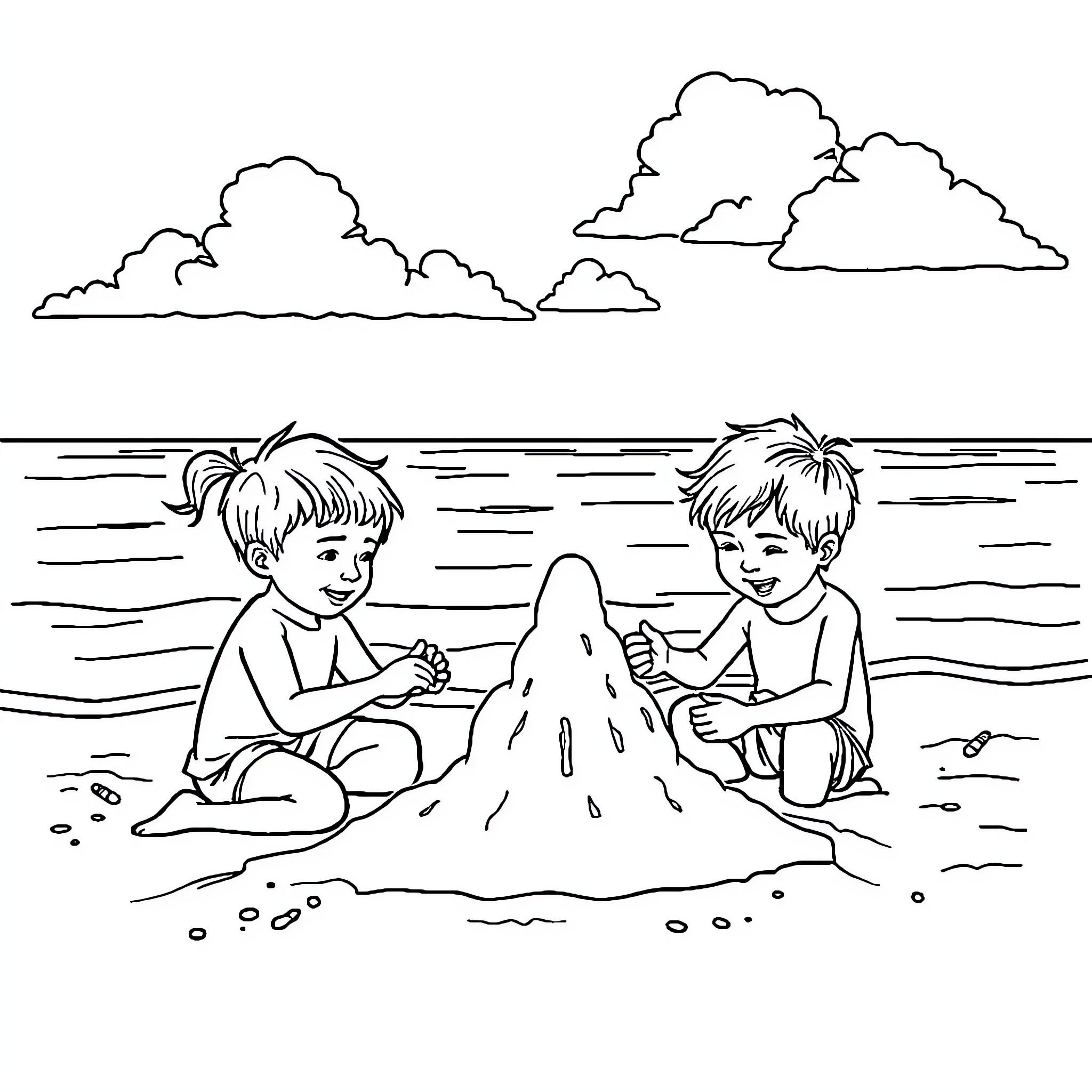 Kid building sandcastle with friend at the beach Coloring Page (free black-and-white line drawing printable PDF for all, from beginners to advanced learners, including children, teens, adults, and seniors)