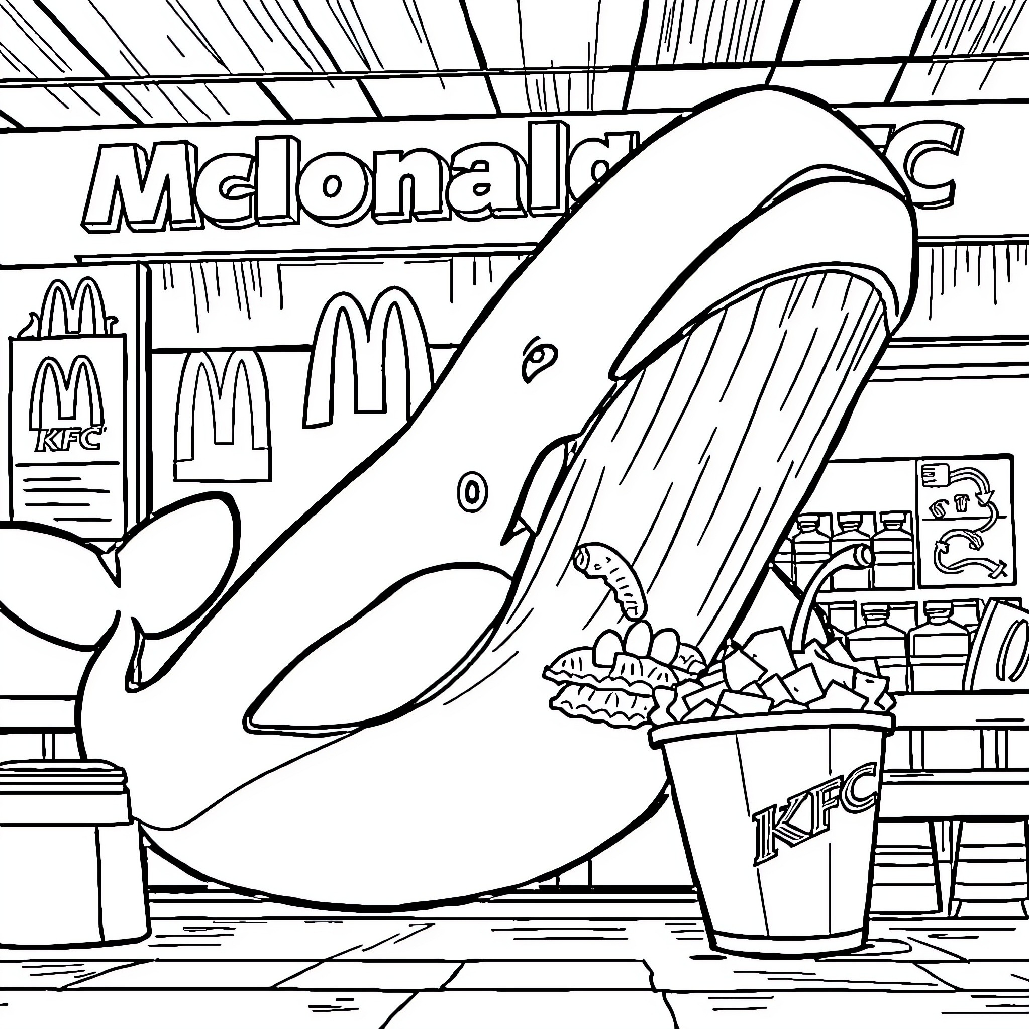 Whale devouring a fast-food restaurant Coloring Page (free black-and-white line drawing printable PDF for all, from beginners to advanced learners, including children, teens, adults, and seniors)