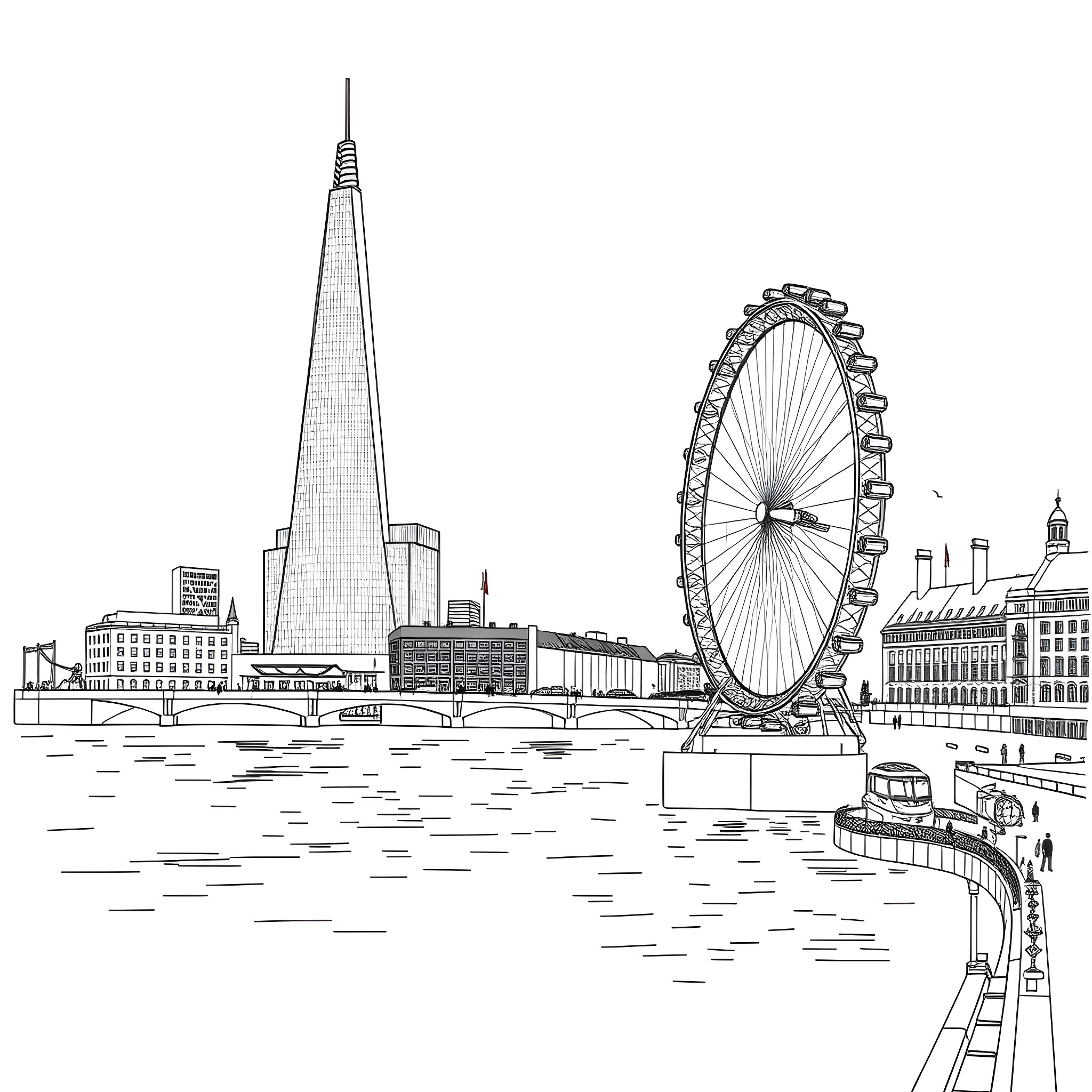 Skyscraper in the city with giant ferris wheel Coloring Page (free black-and-white line drawing printable PDF for all, from beginners to advanced learners, including children, teens, adults, and seniors)
