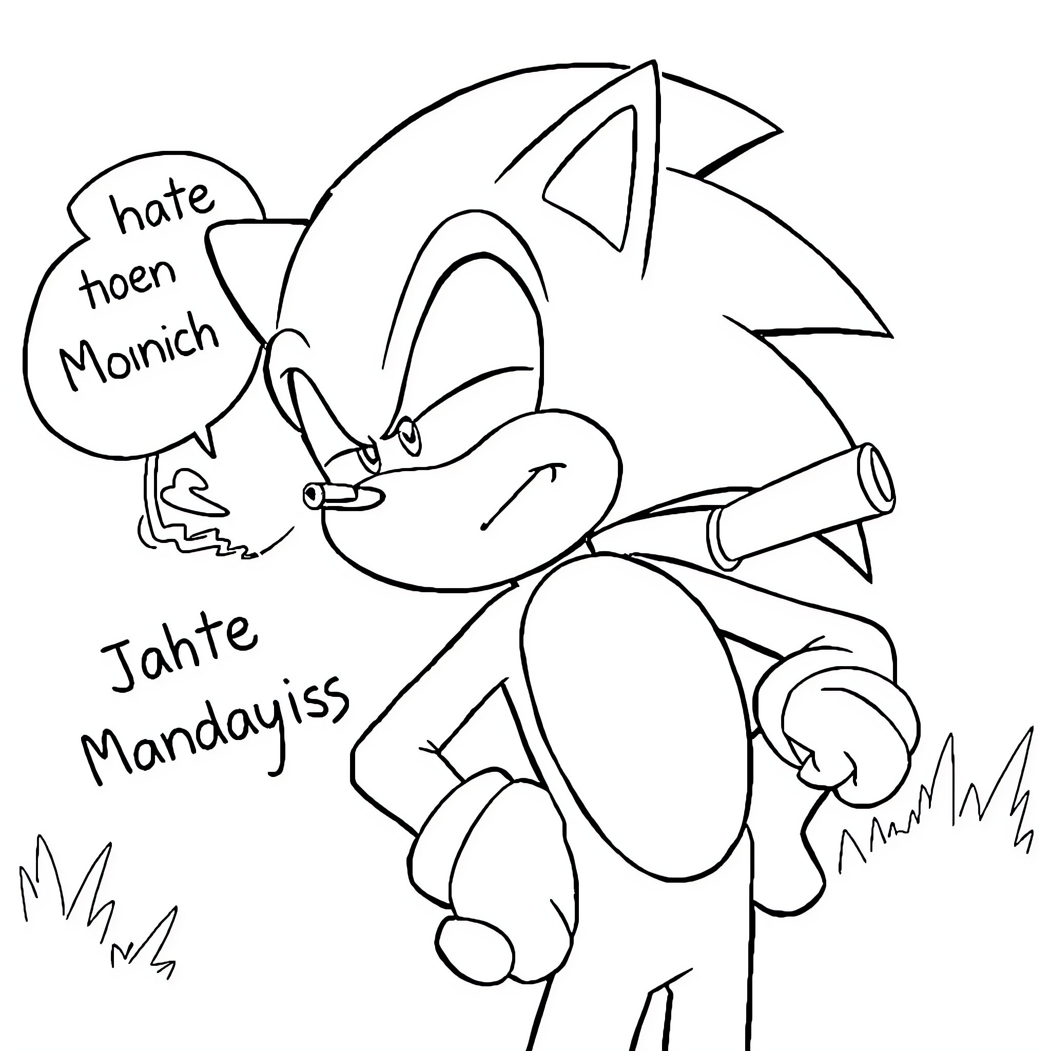 Sonic expressing displeasure with text overlay Coloring Page (free black-and-white line drawing printable PDF for all, from beginners to advanced learners, including children, teens, adults, and seniors)