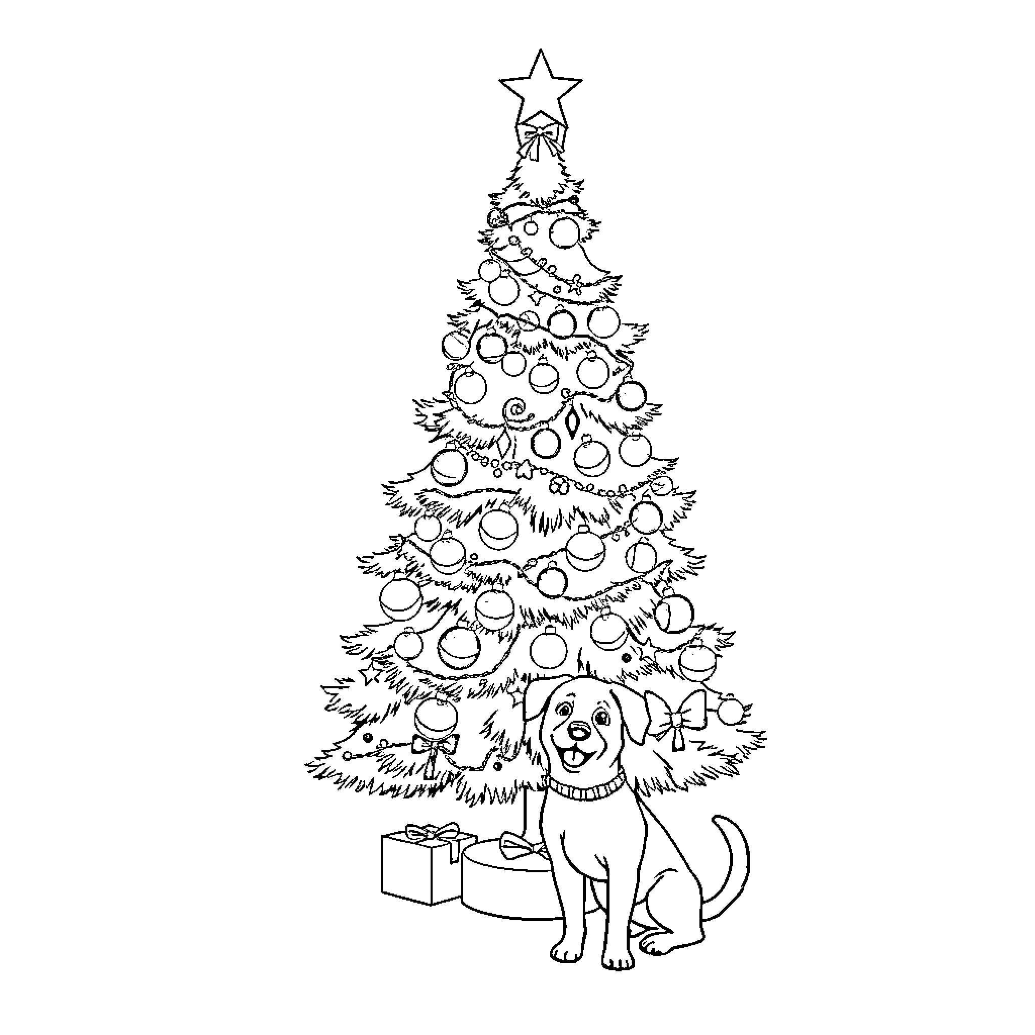 Christmas Tree with Decorated Dog Coloring Page (free black-and-white line drawing printable PDF for all, from beginners to advanced learners, including children, teens, adults, and seniors)