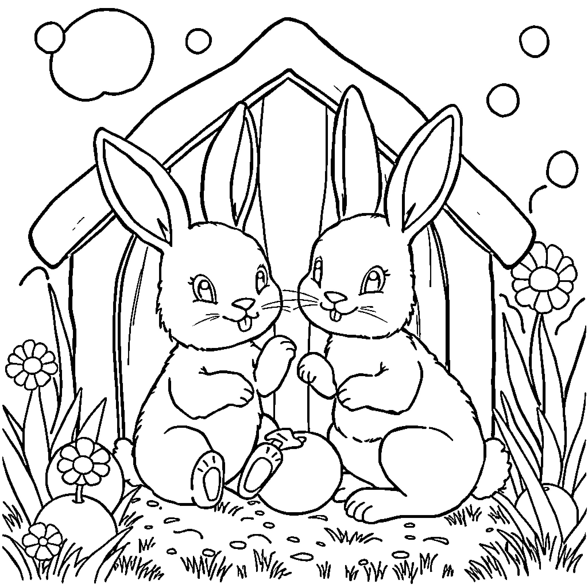 Max and Ruby enjoying a peaceful day outdoors Coloring Page (free black-and-white line drawing printable PDF for all, from beginners to advanced learners, including children, teens, adults, and seniors)