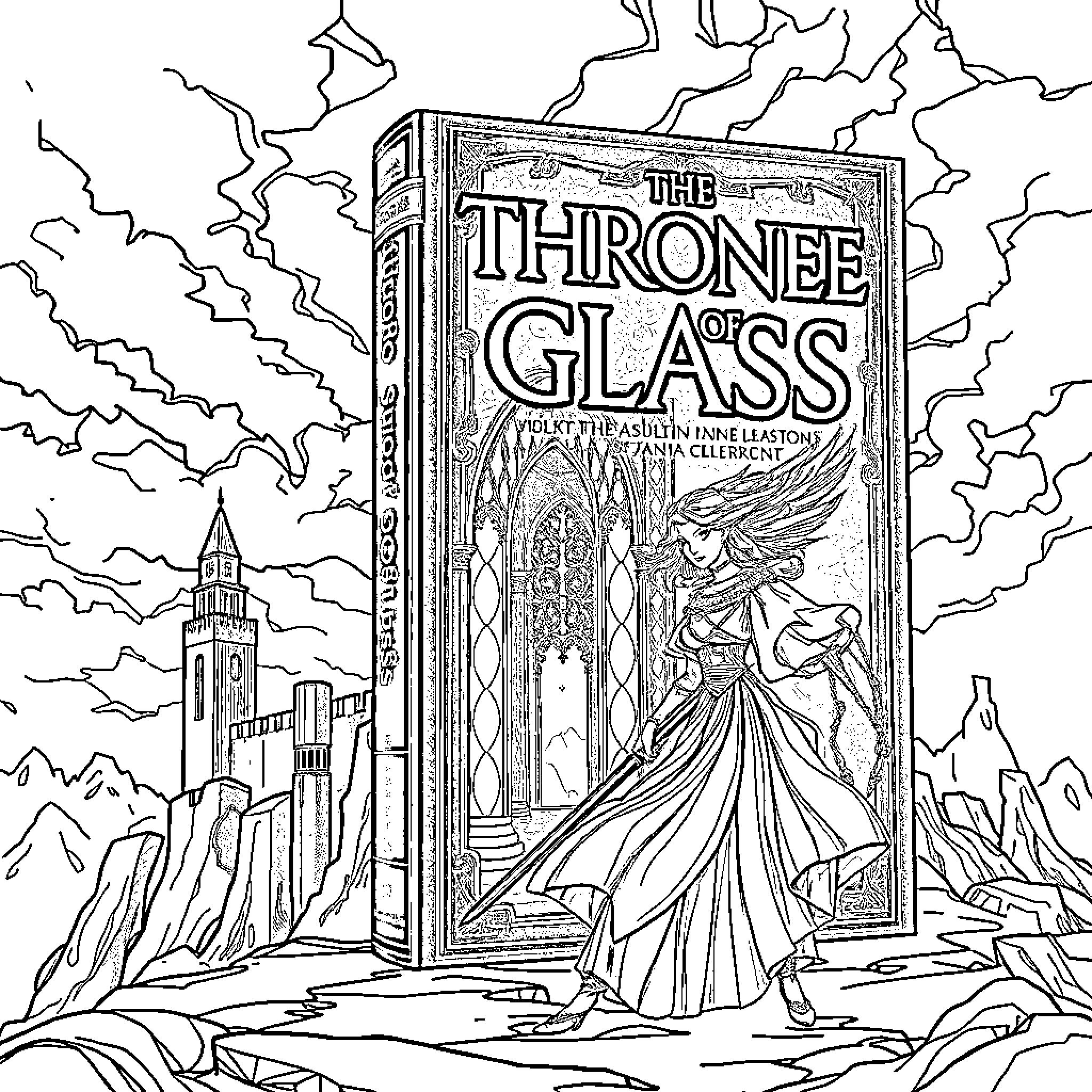 Throne of Glass - Mystical Book Cover Illustration Coloring Page (free black-and-white line drawing printable PDF for all, from beginners to advanced learners, including children, teens, adults, and seniors)