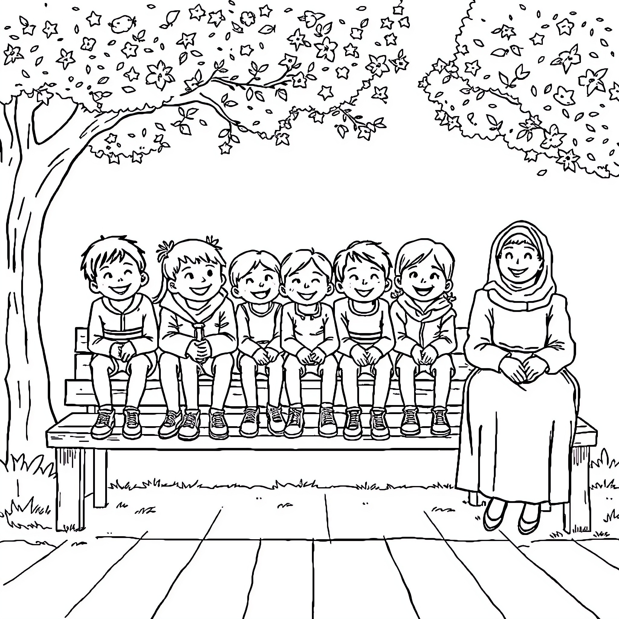 Enfant Gathering Under the Blooming Tree Coloring Page (free black-and-white line drawing printable PDF for all, from beginners to advanced learners, including children, teens, adults, and seniors)