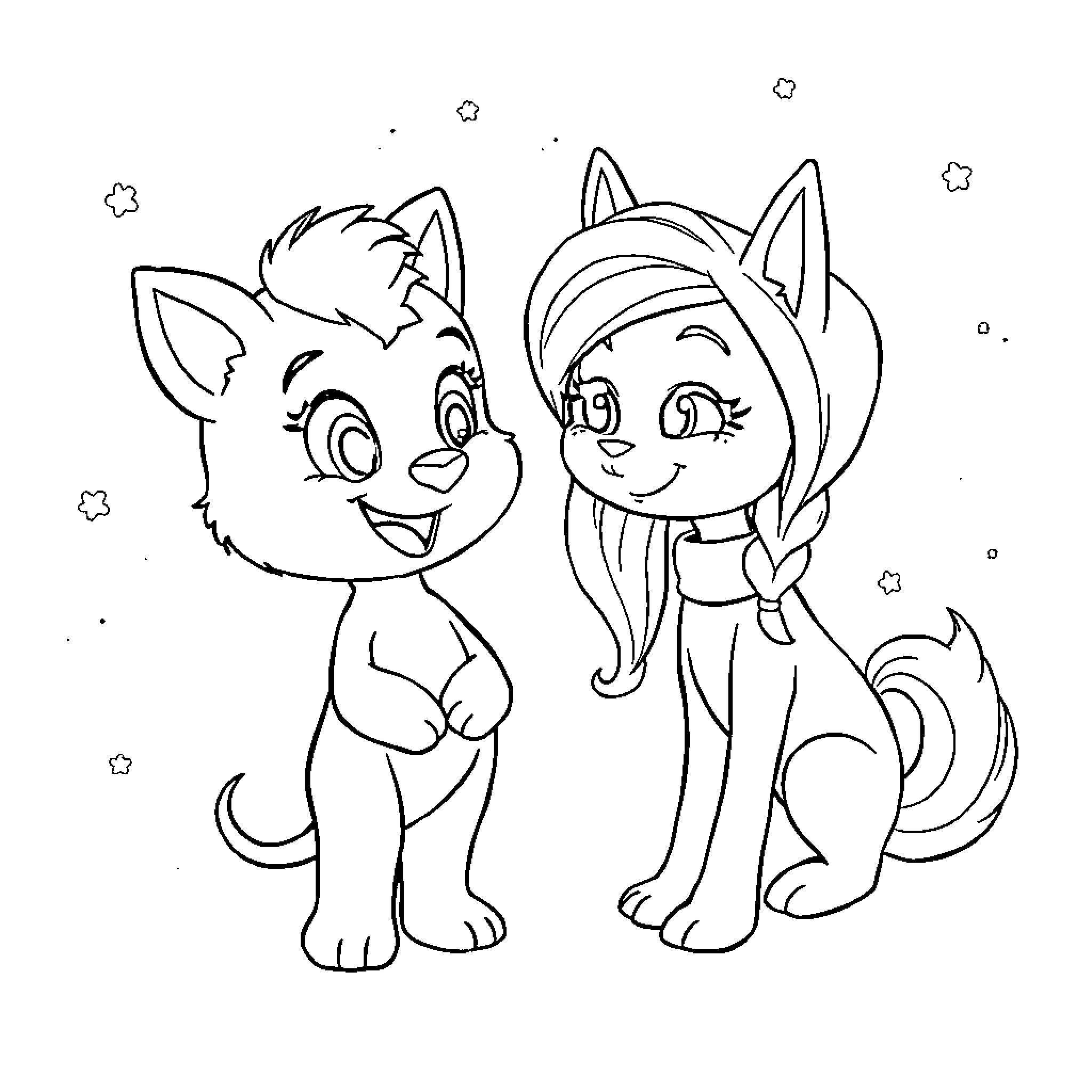 Kissy Missy Playful Pals in Playful Poses Coloring Page (free black-and-white line drawing printable PDF for all, from beginners to advanced learners, including children, teens, adults, and seniors)