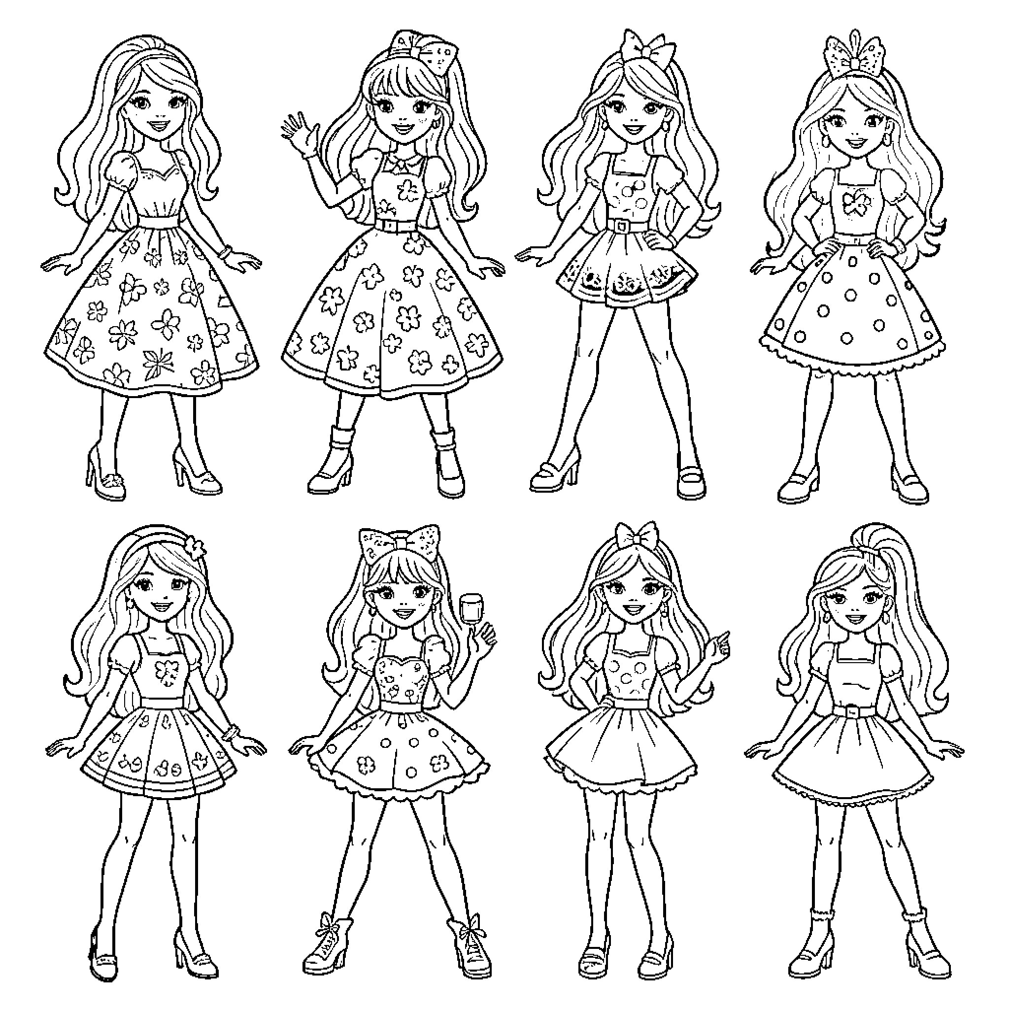 Barbie Dolls Dressed in Playful Outfits and Poses Coloring Page (free black-and-white line drawing printable PDF for all, from beginners to advanced learners, including children, teens, adults, and seniors)