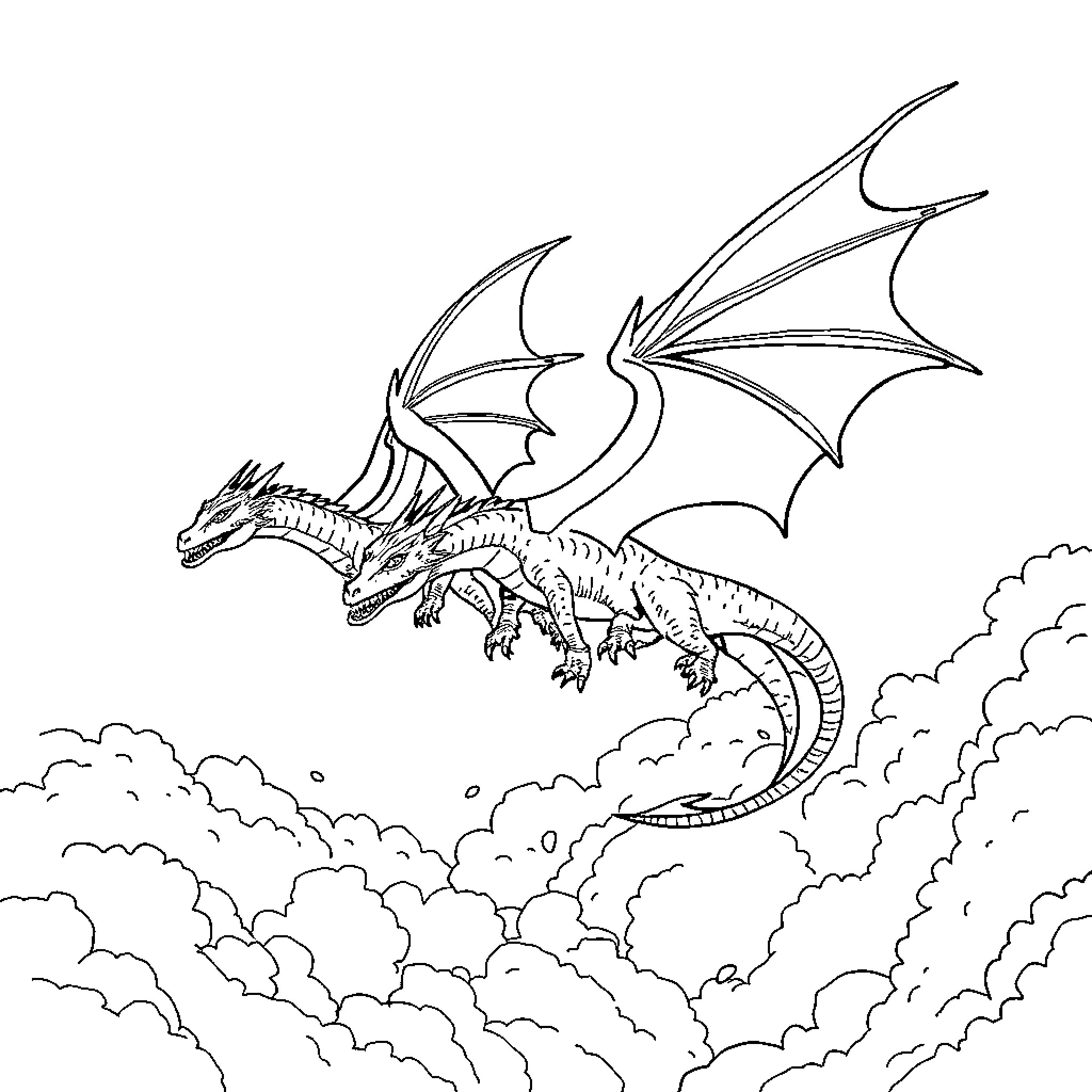 Dragon soaring through the cloudy skies Coloring Page (free black-and-white line drawing printable PDF for all, from beginners to advanced learners, including children, teens, adults, and seniors)